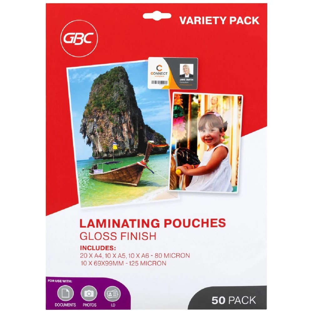 1 GBC Laminating Pouches Assorted Size/Micron 50 Pack, 1 of 2