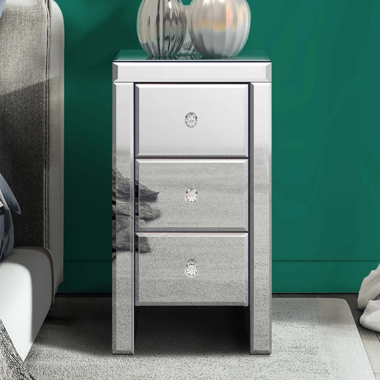 10 Alfordson Bedside Table Mirrored Cabinet Nightstand Side End Table Drawers - Silver, 10 of 10