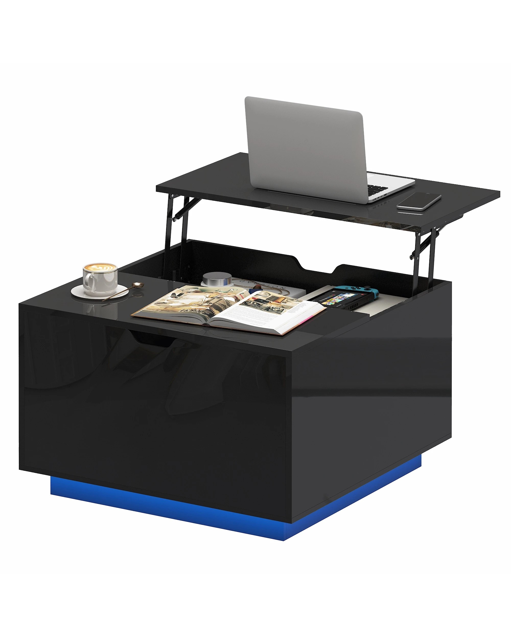 7 Advwin  LED Lift Top Coffee Table  w/ Hidden Storage & Open shelves - Black, 7 of 10