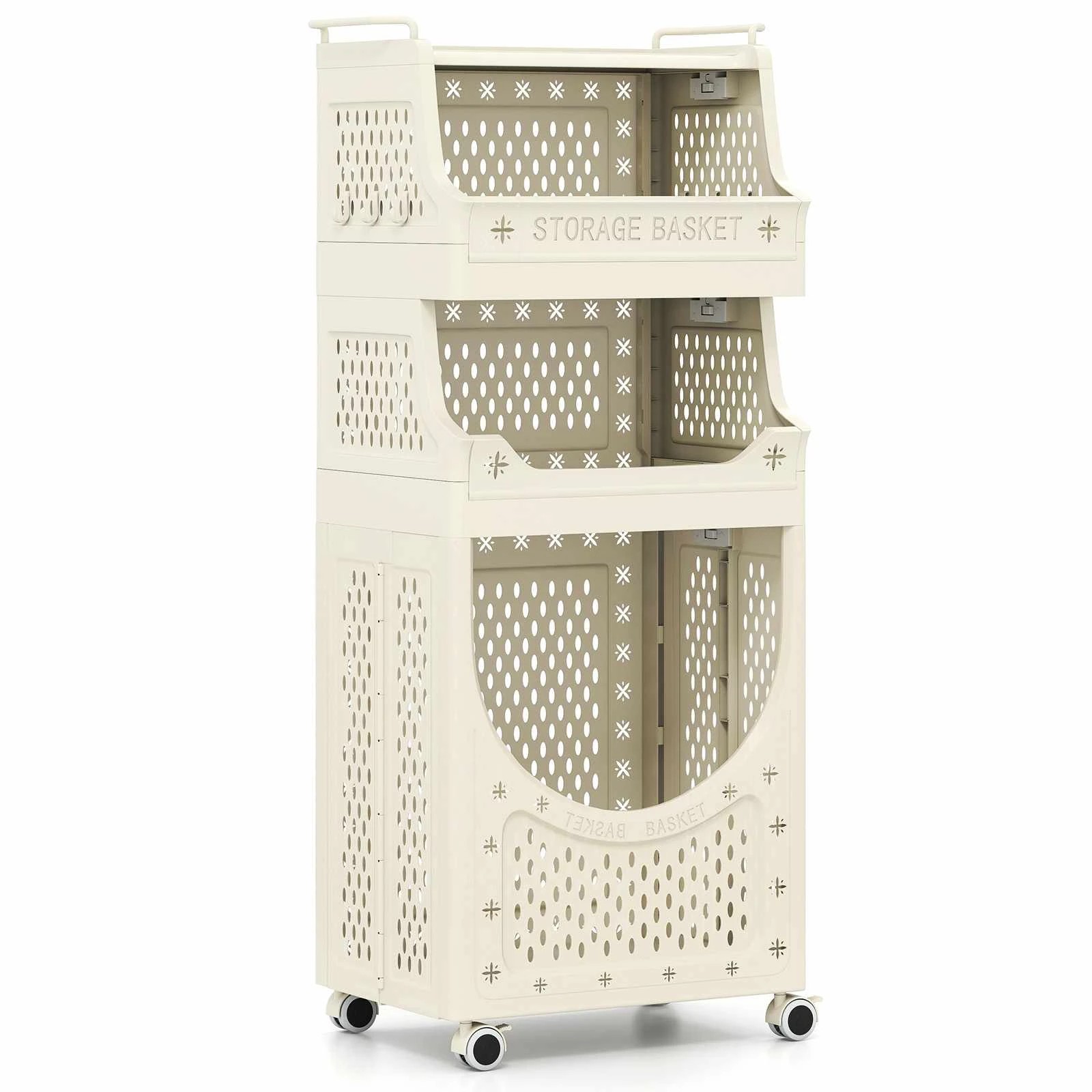1 Costway 4-Tier 61L Laundry Cart Folding Hamper w/6 Hanging Hooks Utility Cart, 1 of 4