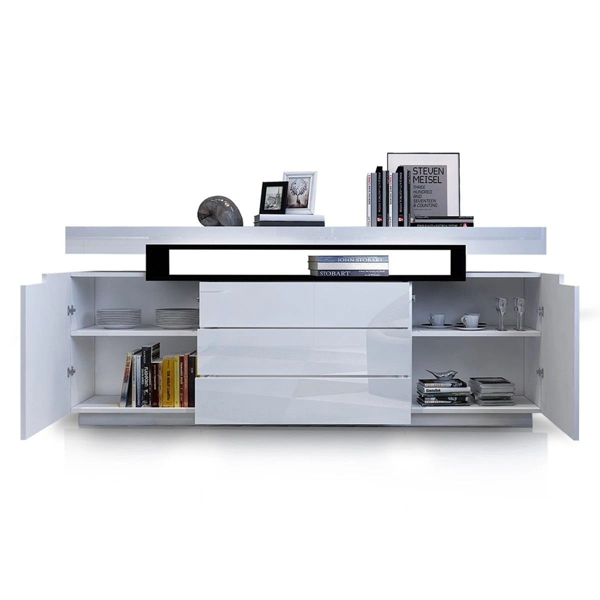 4 Ausway Modern Buffet Sideboard Cabinet High Gloss Storage with 2 Doors & 3 Drawers, 4 of 7