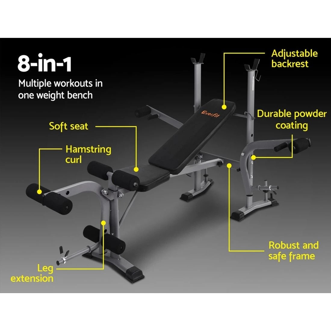 3 Everfit Weight Bench 8 in 1 Bench Press Adjustable Home Gym Station 200kg - Dark Grey, 3 of 8