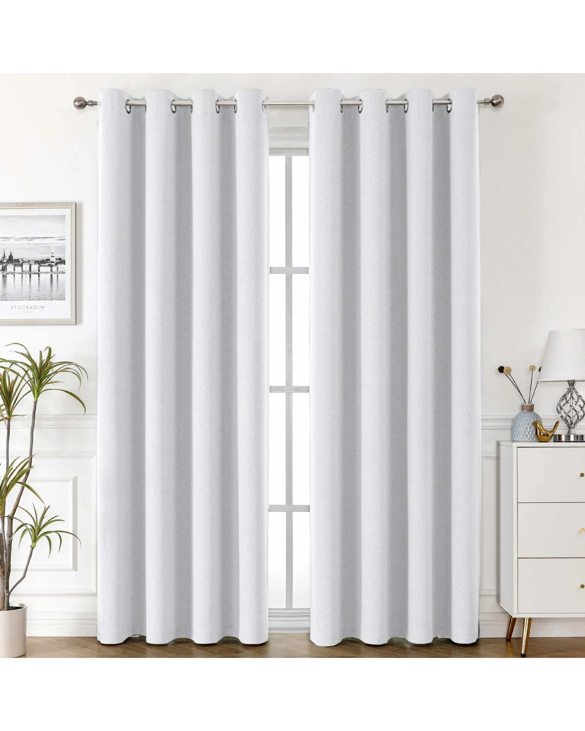 1 Smarcute Blockout Linen Textured Eyelet Curtain - 2X 132x243cm - White, 1 of 4