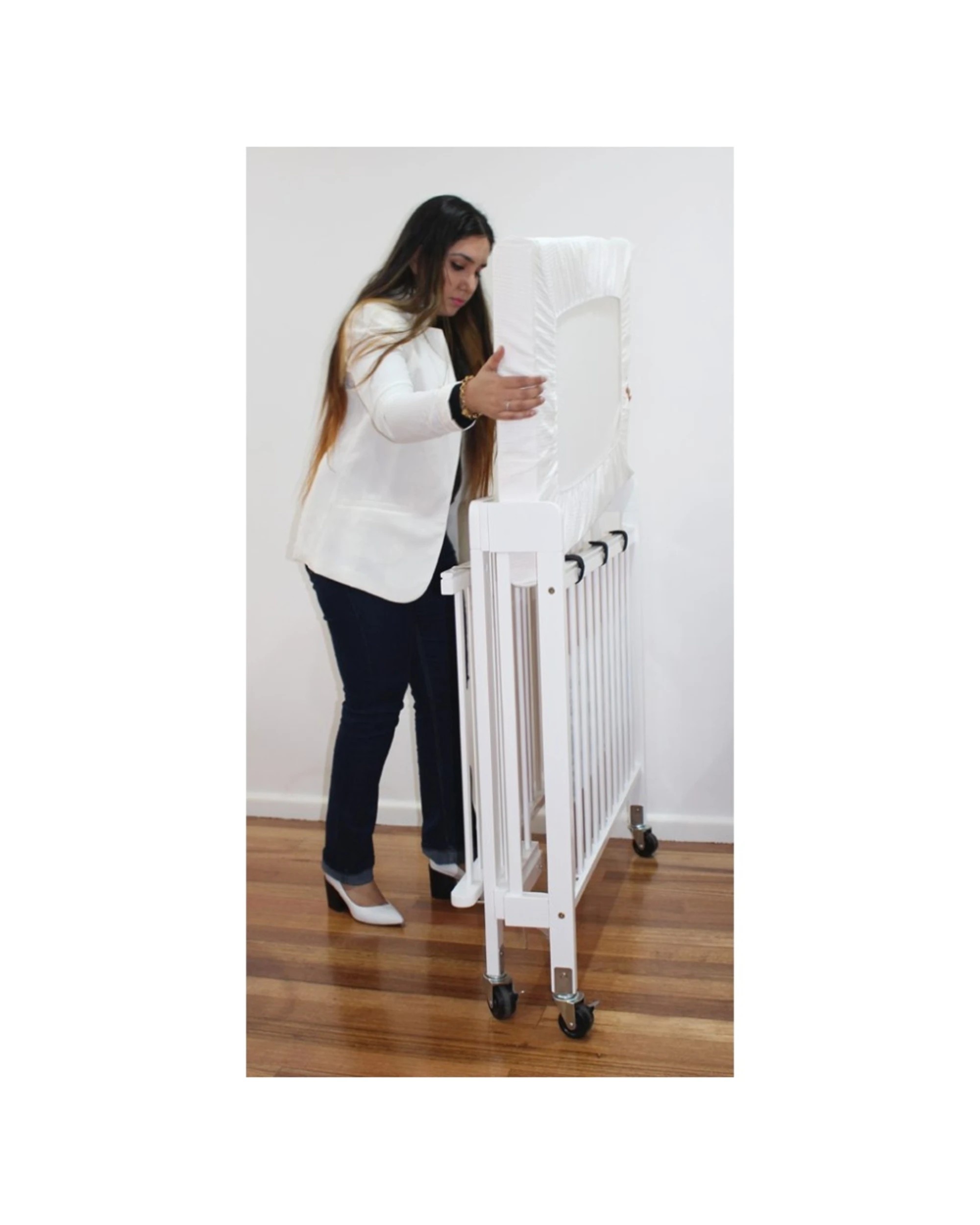 6 Veebee Stowaway Foldable Wooden Cot With Wheels Waterproof Mattress Fitt - White, 6 of 6