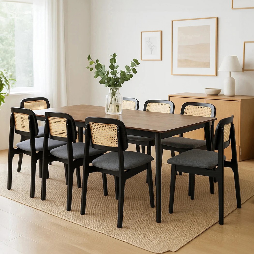 6 Levede 8Pcs Dinning Chair Solid Wood Fabric Seat in Black Colour, 6 of 6