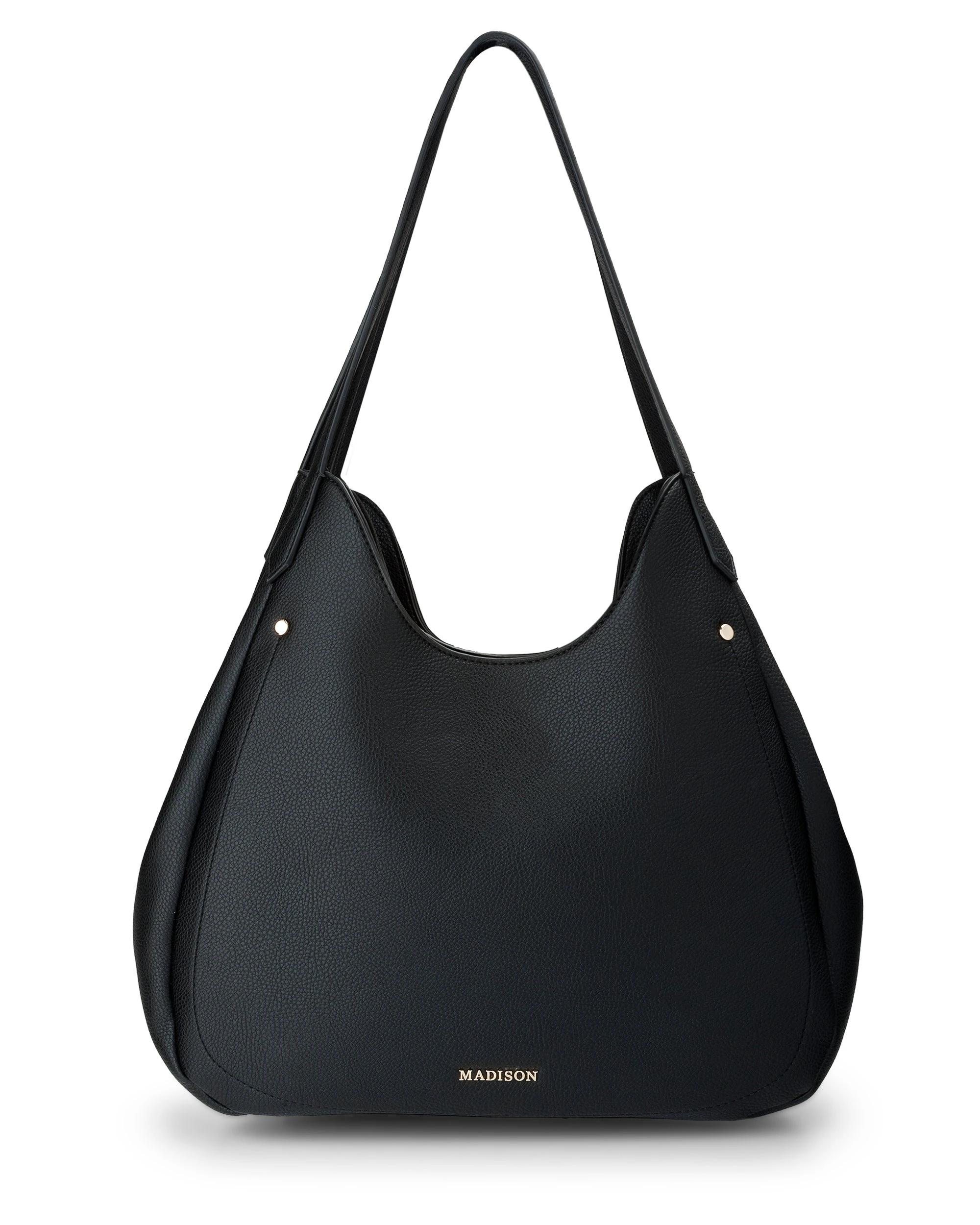 1 Madison Accessories Angela Large 3 Compartment Hobo Soft Shoulder Bag BLACK, 1 of 7
