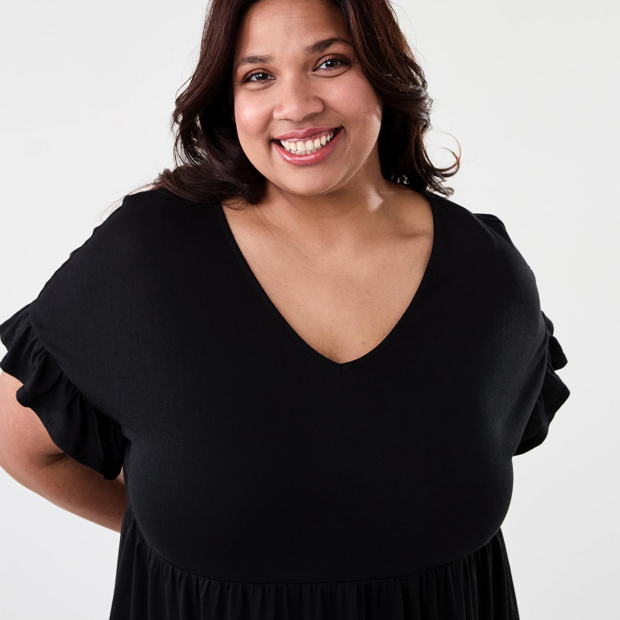 4 Curve Short Sleeve Frill Tier Knit Mini Dress Black, 4 of 9