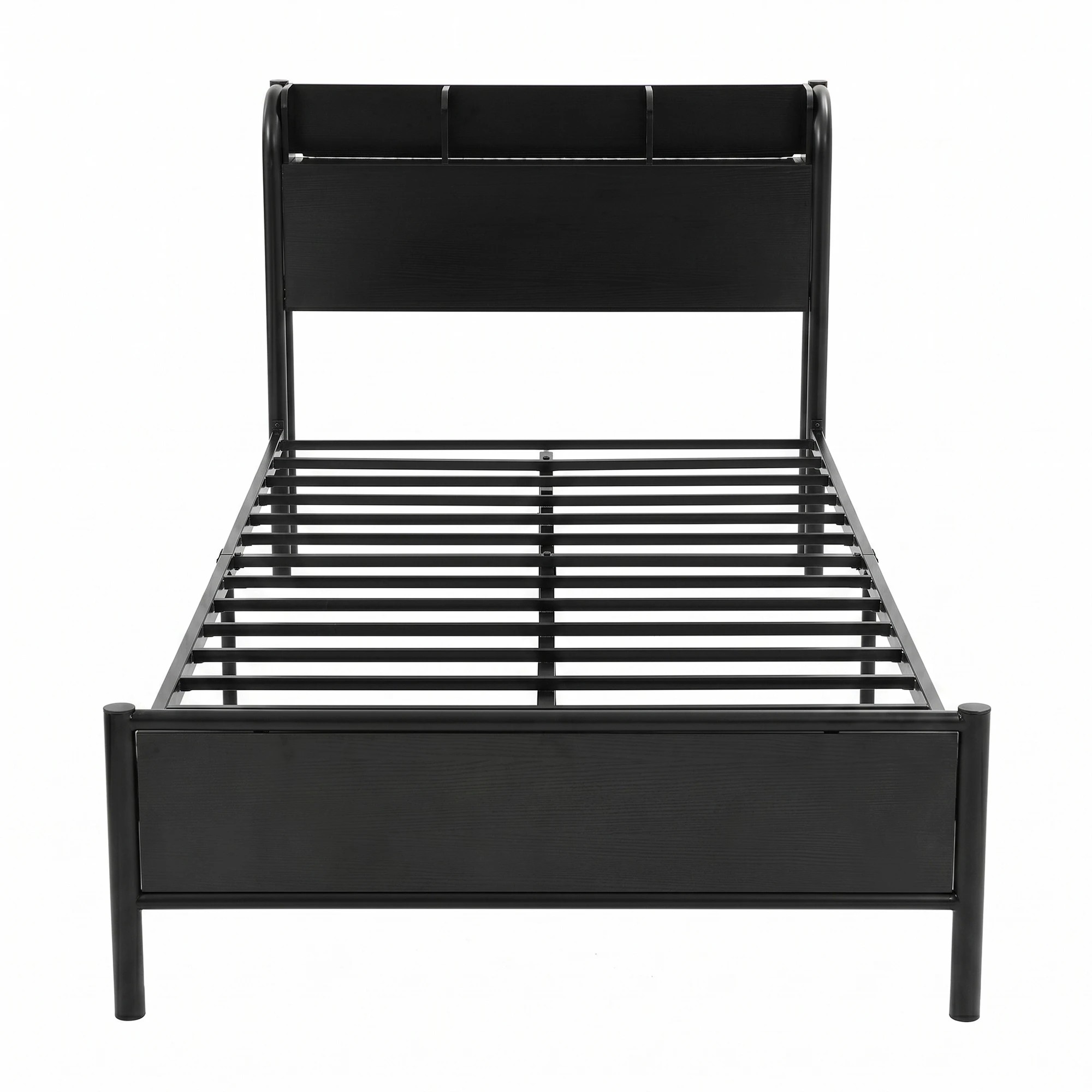 3 Artiss Bed Frame Single Size with Storage Shelf Headboard Charging Station GRID - Black, 3 of 7