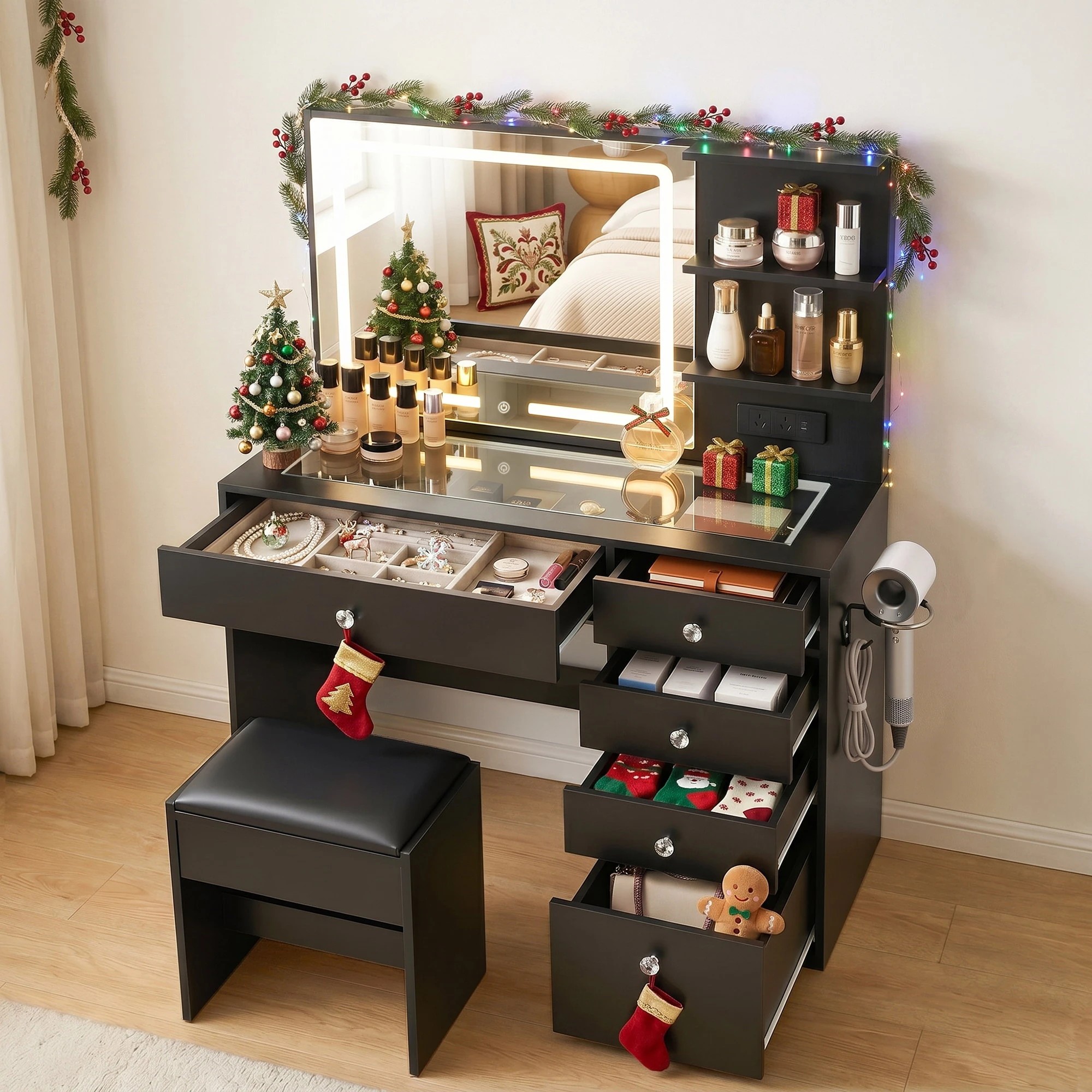 5 Artiss Dressing Table LED Vanity Desk Set Stool Charging Station Mirror - Black, 5 of 9