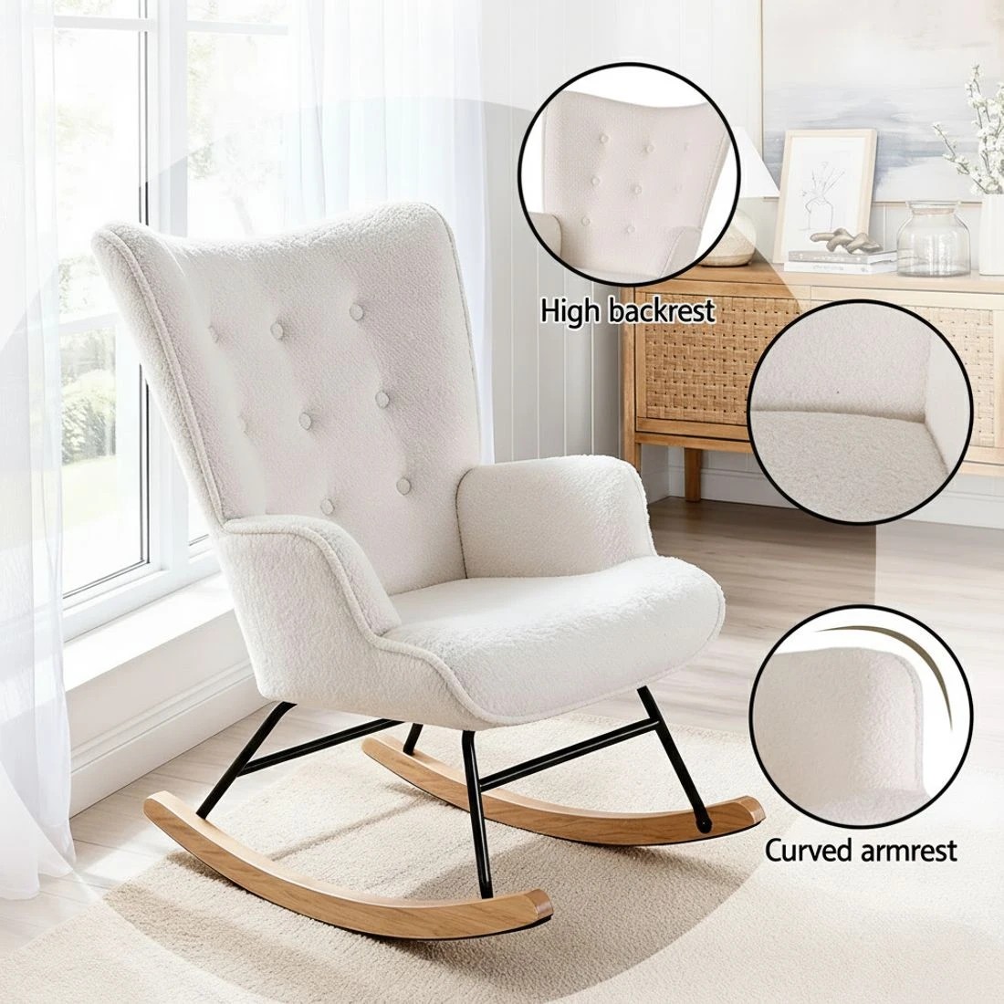 5 Artiss Rocking Chair Armchair Nursing Boucle Fabric - White, 5 of 6