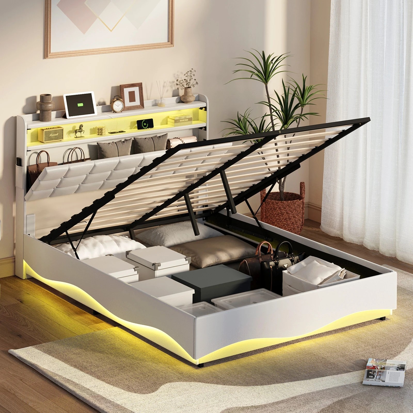 4 Oikiture Bed Frame Queen Size Gas Lift Base RGB LED Storage Headboard USB Charge - White, 4 of 6