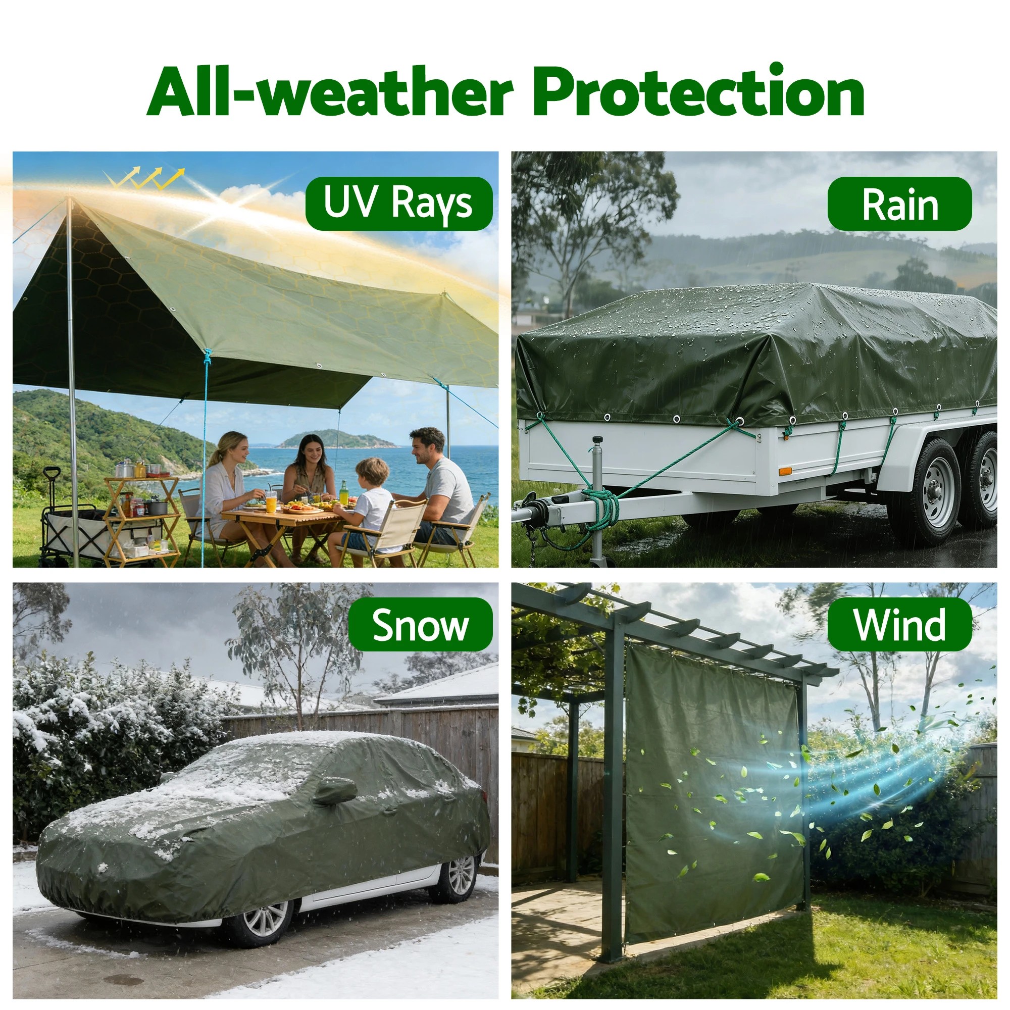 4 Instahut 4x6m Tarp Tarpaulin 600GSM Camping Canvas Heavy Duty Water Resistant - Green, 4 of 6