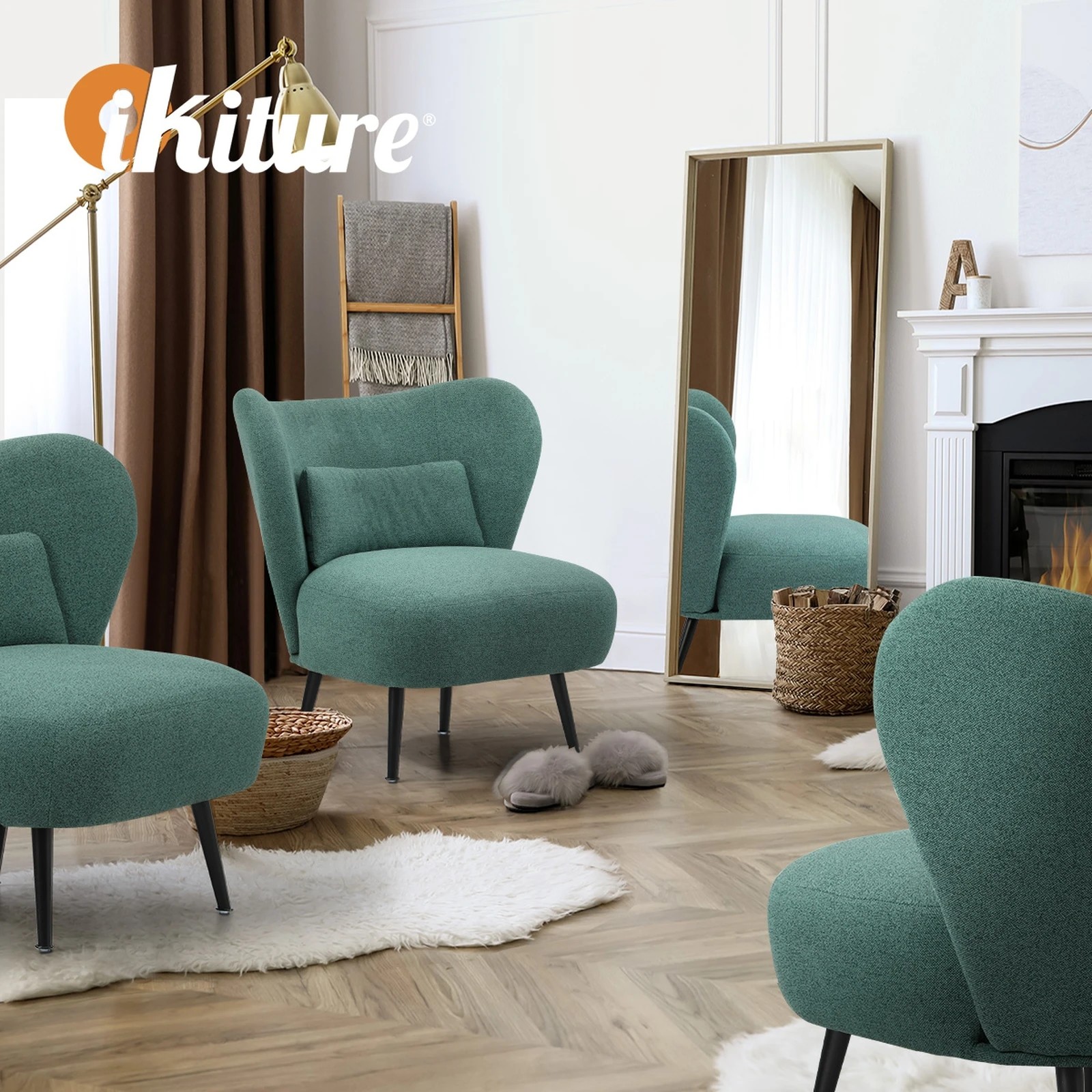 6 Oikiture Armchair Lounge Chair With Lumbar Pillow Wingback Polyester Linen
 - Green, 6 of 10