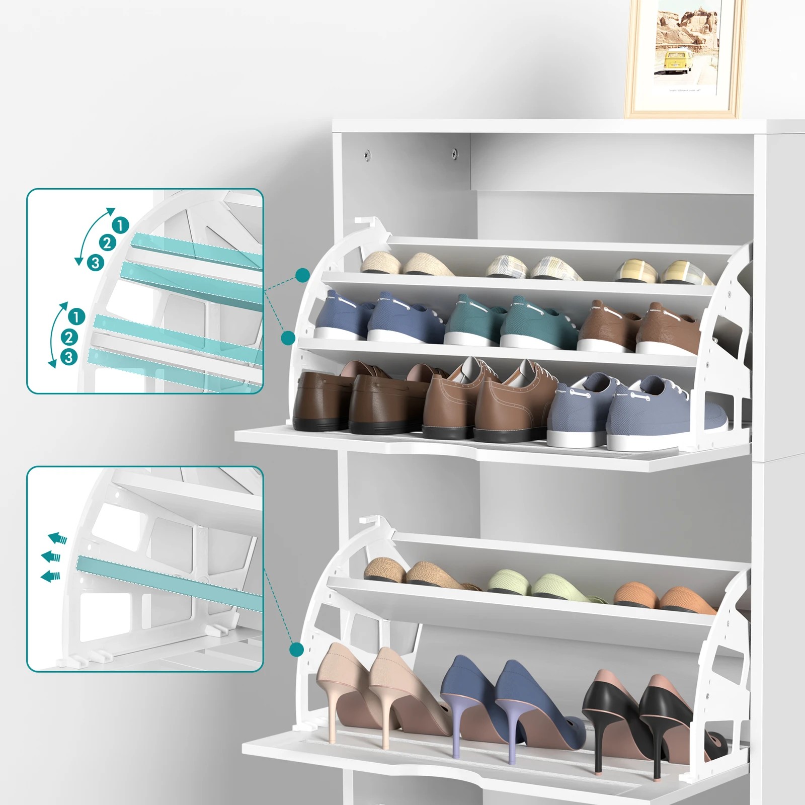3 Alfordson 2x Shoe Cabinet Organiser Storage Rack Flip Drawers 90 Pairs - White, 3 of 10