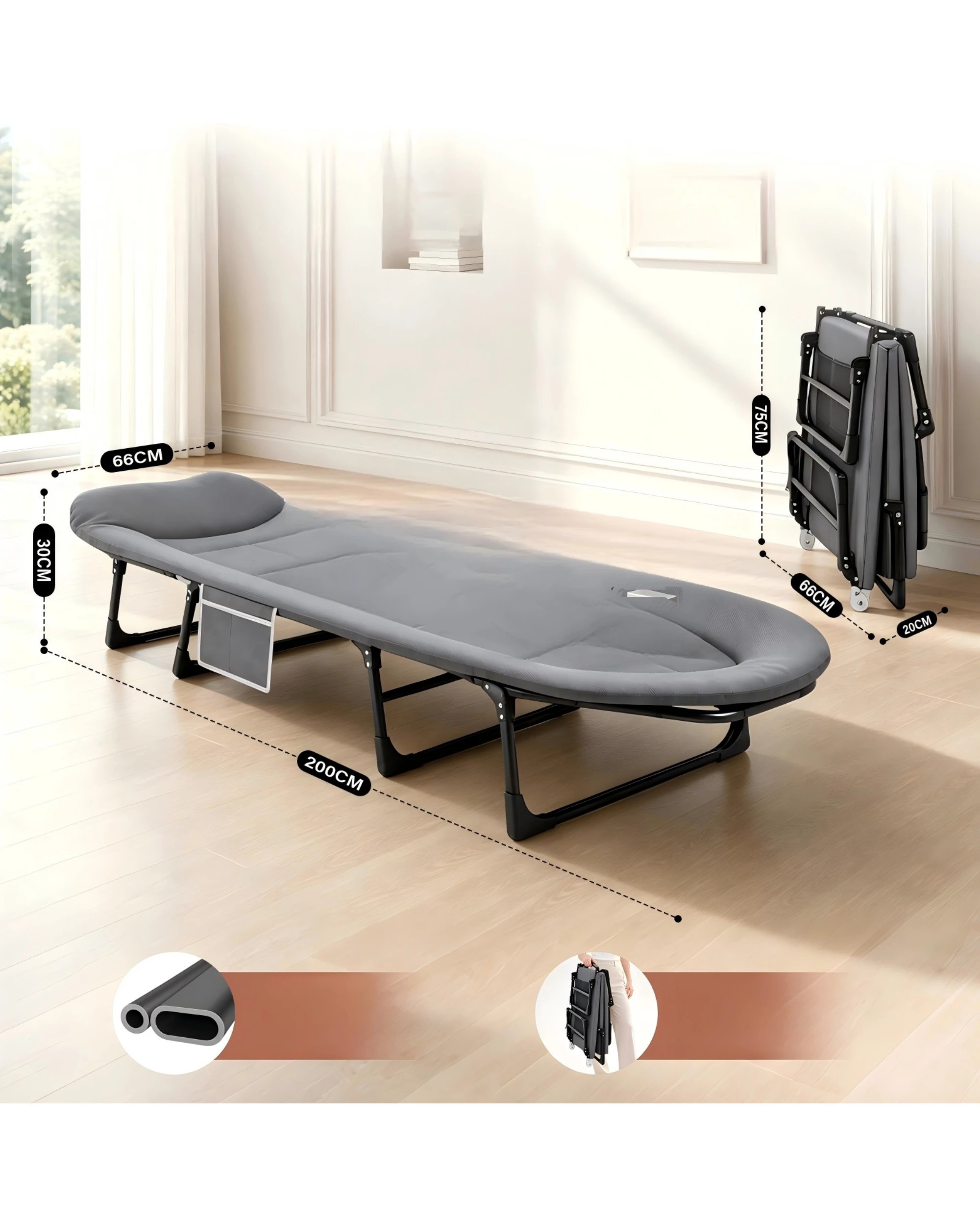 2 Advwin Folding Camping Cot, 180°Adjustable Foldable Bed Cot with Mat & Pilllow, 8-Leg Support 440LBS - Grey, 2 of 7