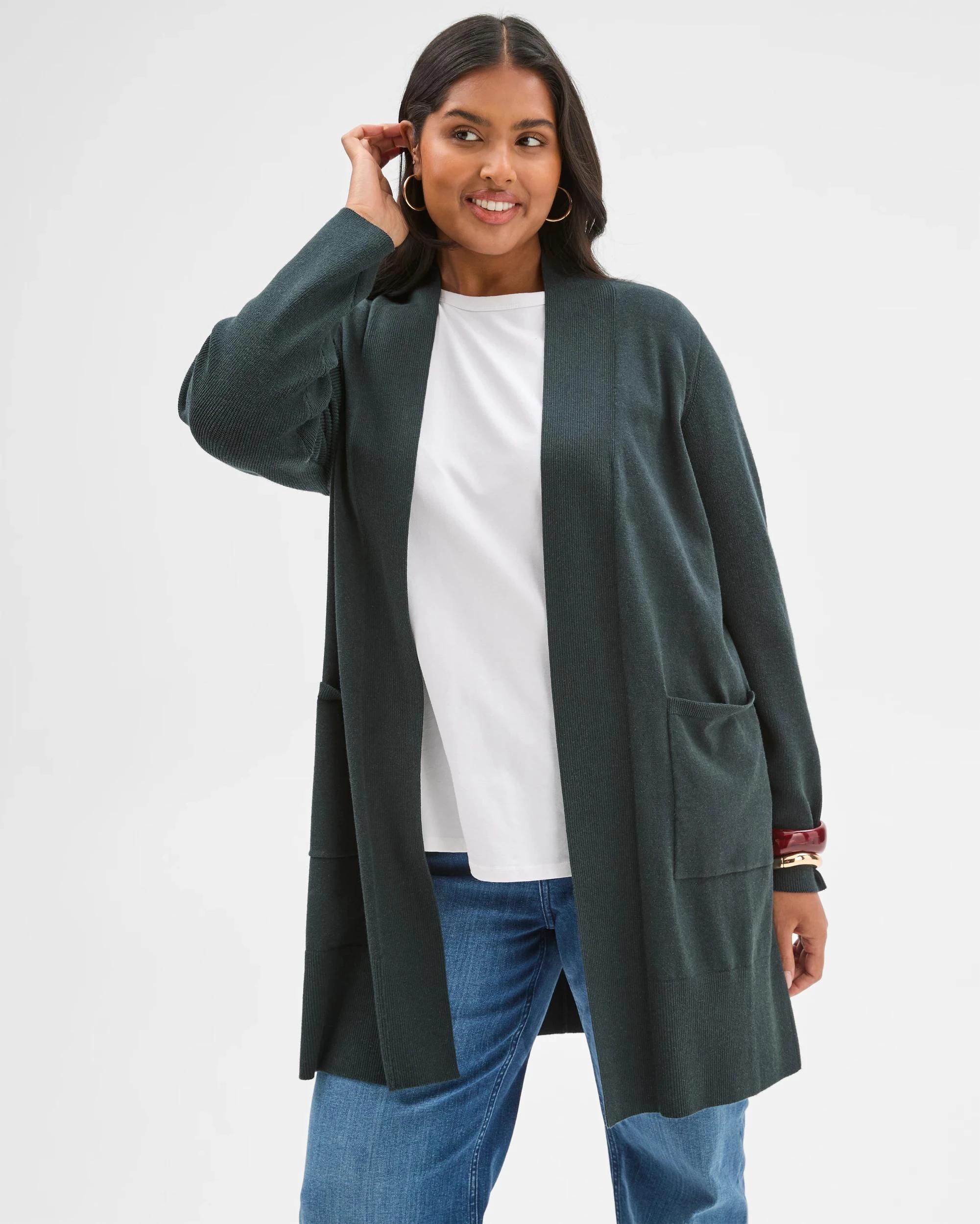 2 Target Curve Curve Australian Cotton Blend Edge To Edge Longline Rib Cardigan MIDNIGHT JADE, 2 of 7