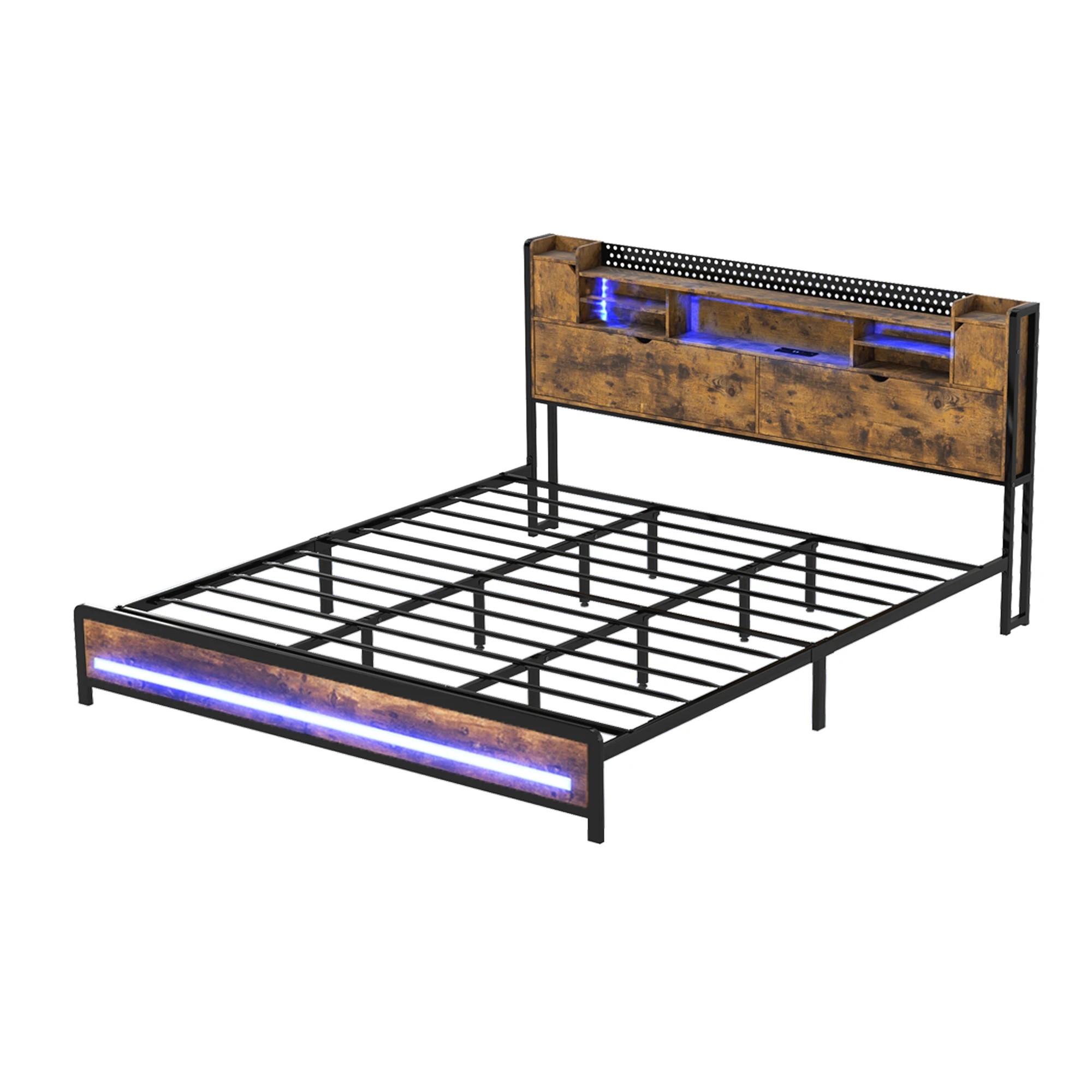 1 Levede King Bed Frame Industrial with LED Charging Station and Storage Bedhead, 1 of 9