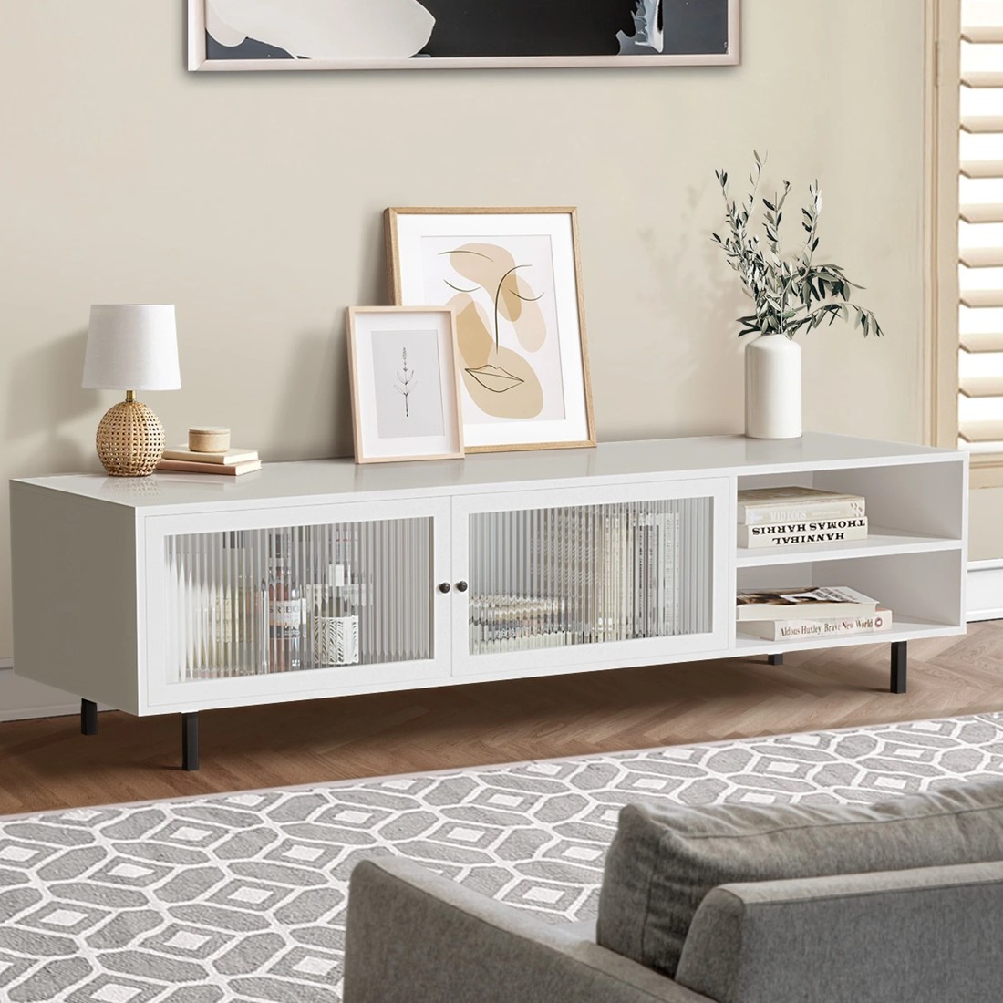 3 Oikiture Entertainment Unit Tv Cabinet Tempered-glass Doors
 - White, 3 of 10