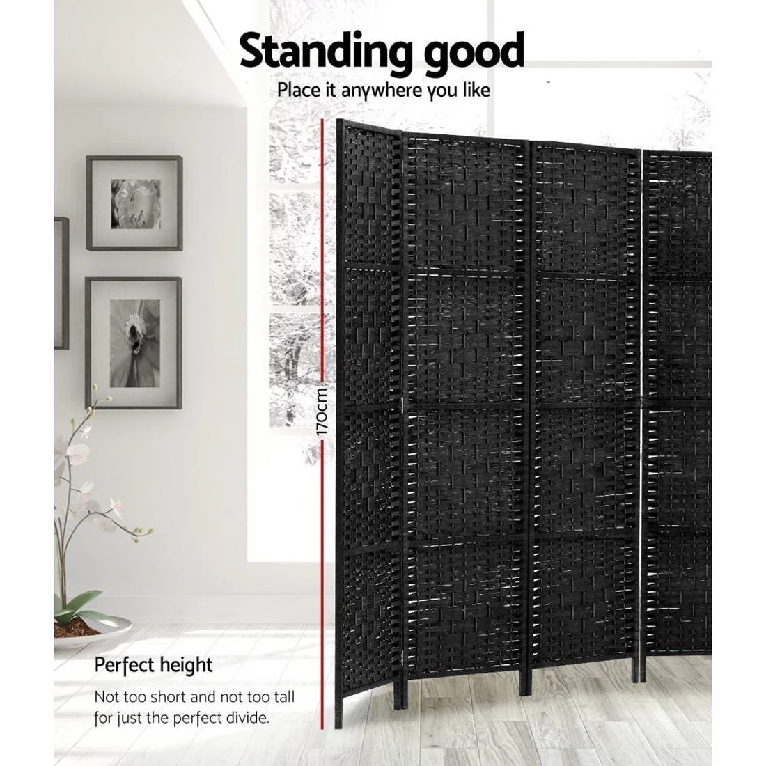 4 Artiss 8 Panel Room Divider Screen 326x170cm Woven - Black, 4 of 8