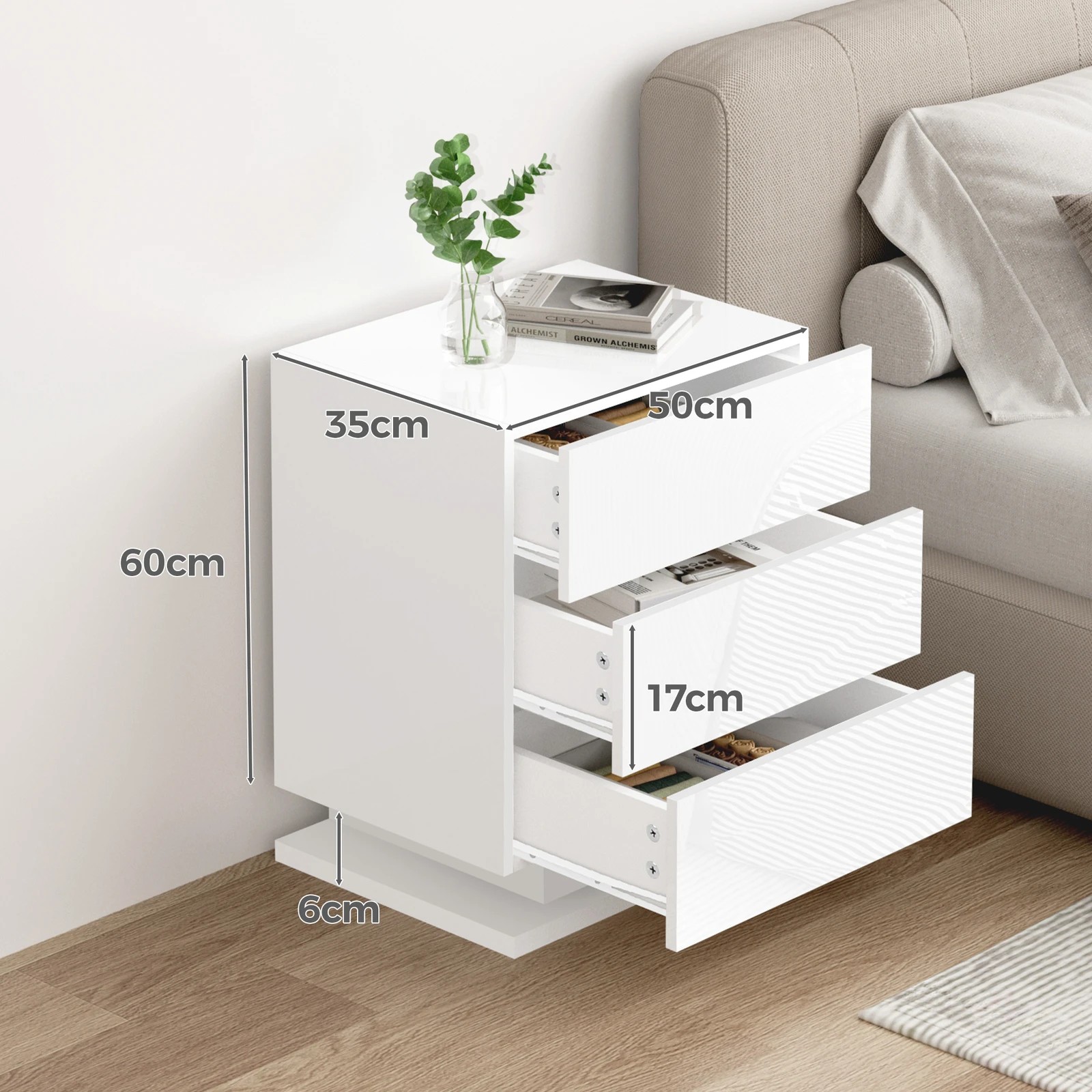 5 Alfordson 2x Bedside Table LED Nightstand 3 Drawers Gloss - White, 5 of 10