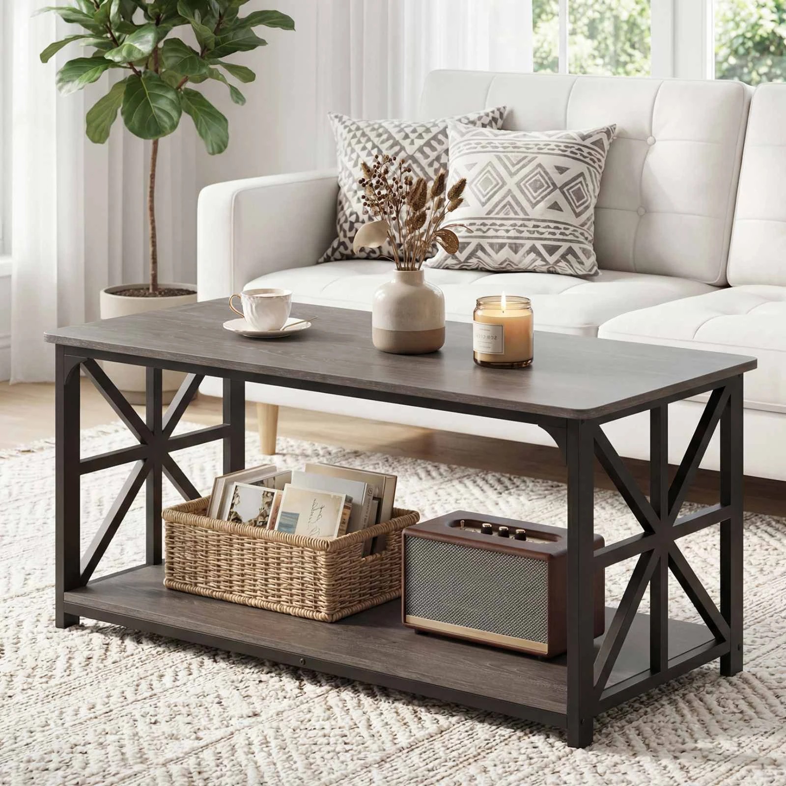 4 Costway 2-Tier Coffee Table Industrial Center Table X Side Frame - Grey, 4 of 4