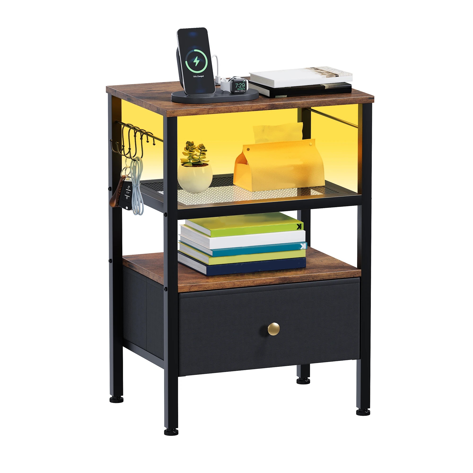1 Advwin Bedside Table with Fabric Drawer Charging Station LED Lights - Brown, 1 of 6
