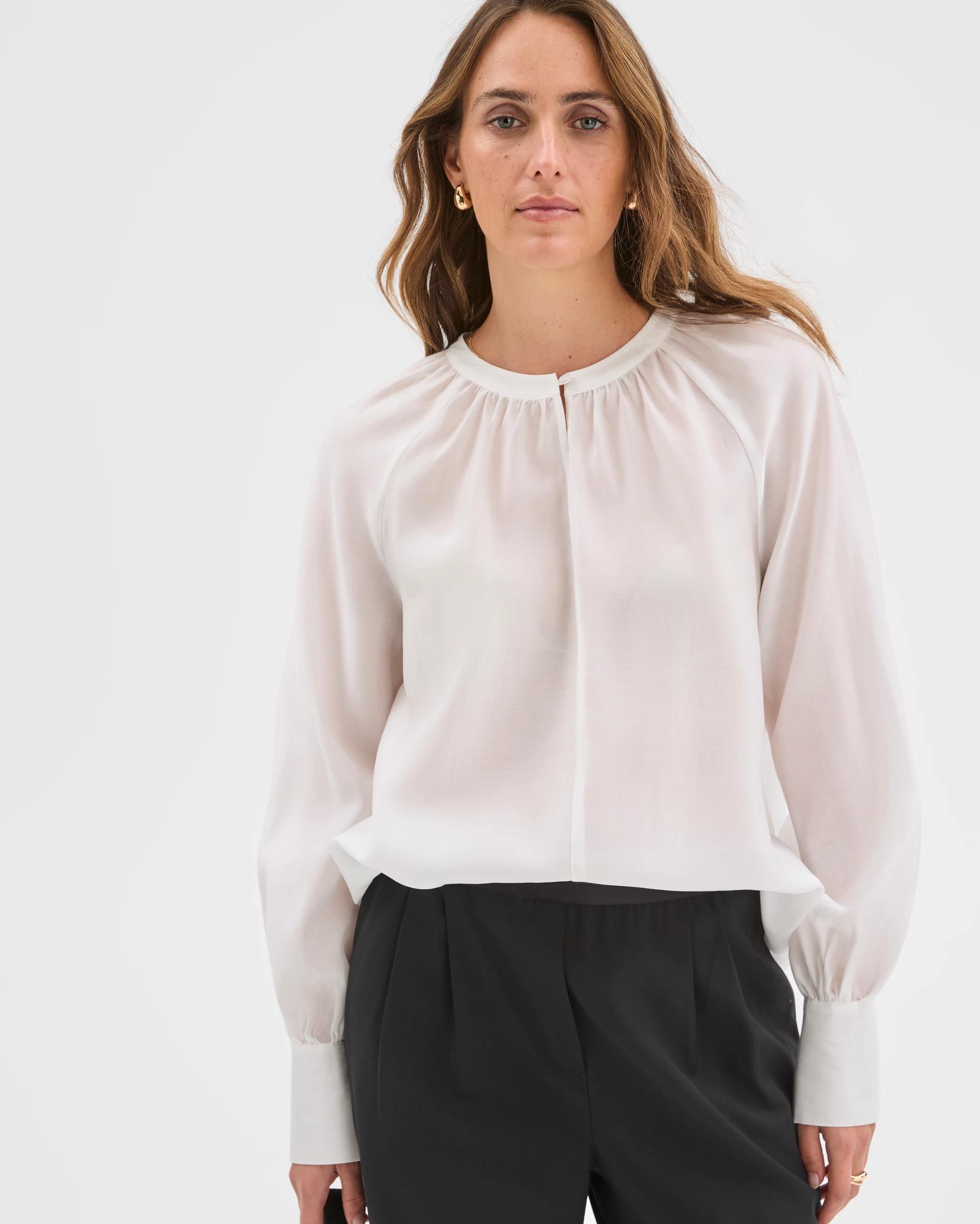 3 Preview Long Sleeve Tie Cuff Detail Blouse CLOUD DANCER, 3 of 6