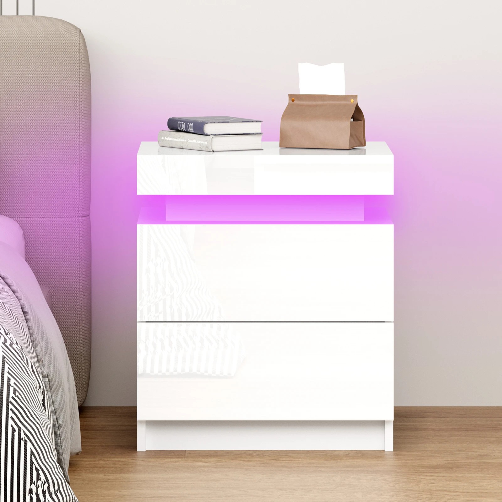 6 Alfordson 2x Bedside Table LED Nightstand 2 Drawers High Gloss - White, 6 of 10