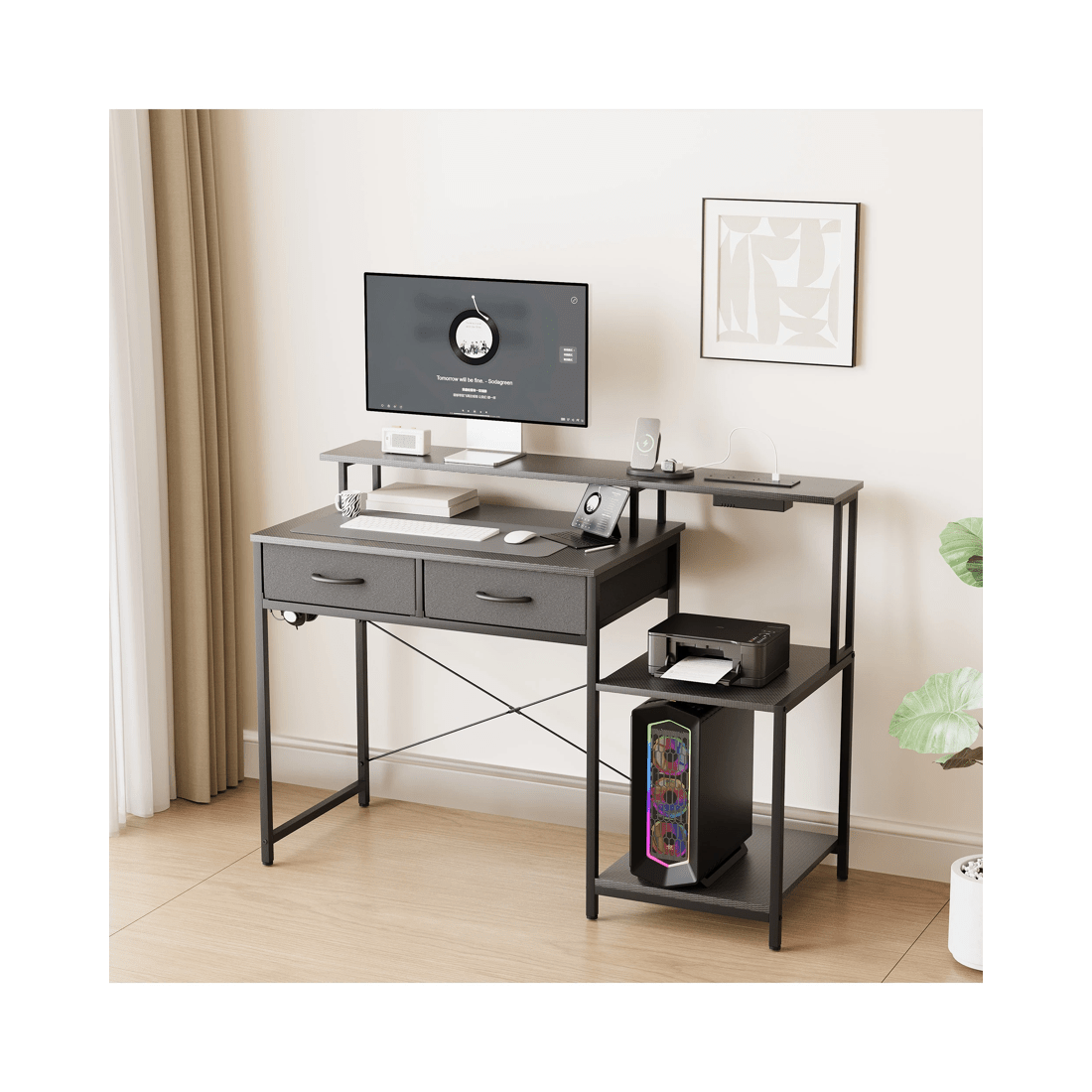 3 Advwin 120cm Computer Gaming Desk With Led Lights Power Outlets Reversible Printer Storage Shelf Black, 3 of 10