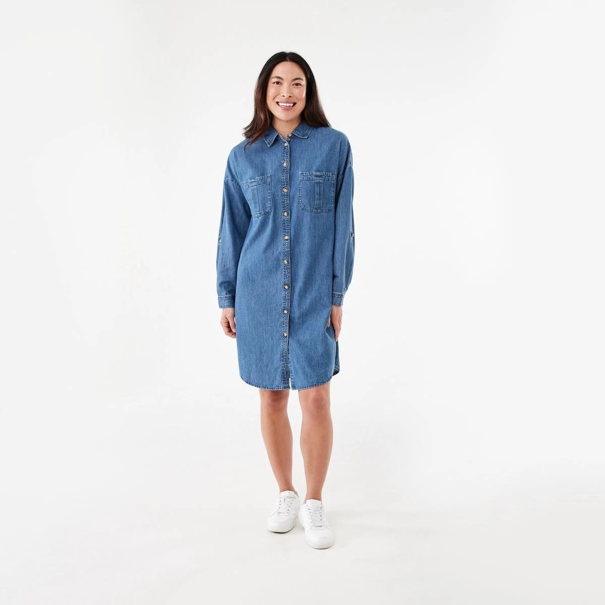 6 Long Sleeve Shift Shirt Mini Dress Mid Wash, 6 of 6