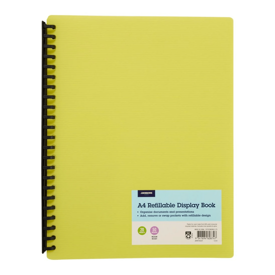 1 JB Rec A4 Refillable Display Book 20 Pockets Yellow, 1 of 5