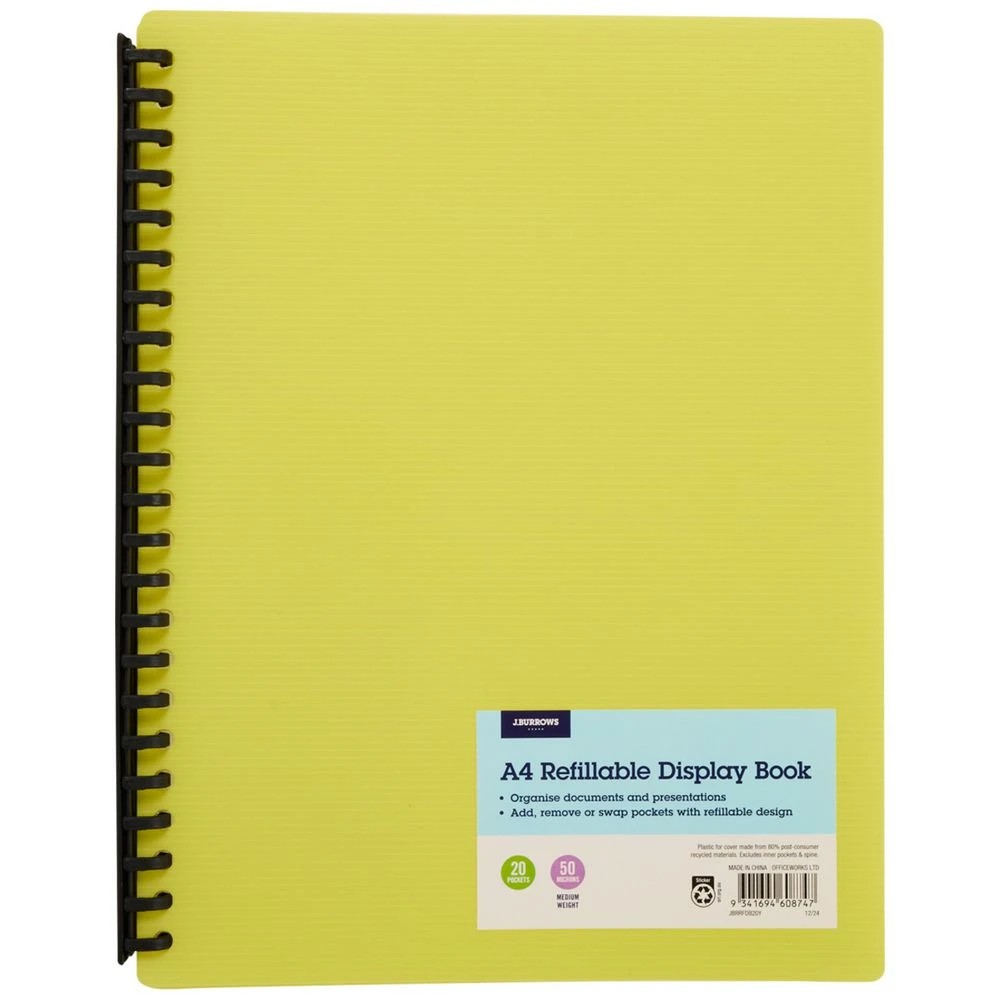 1 JB Rec A4 Refillable Display Book 20 Pockets Yellow, 1 of 5