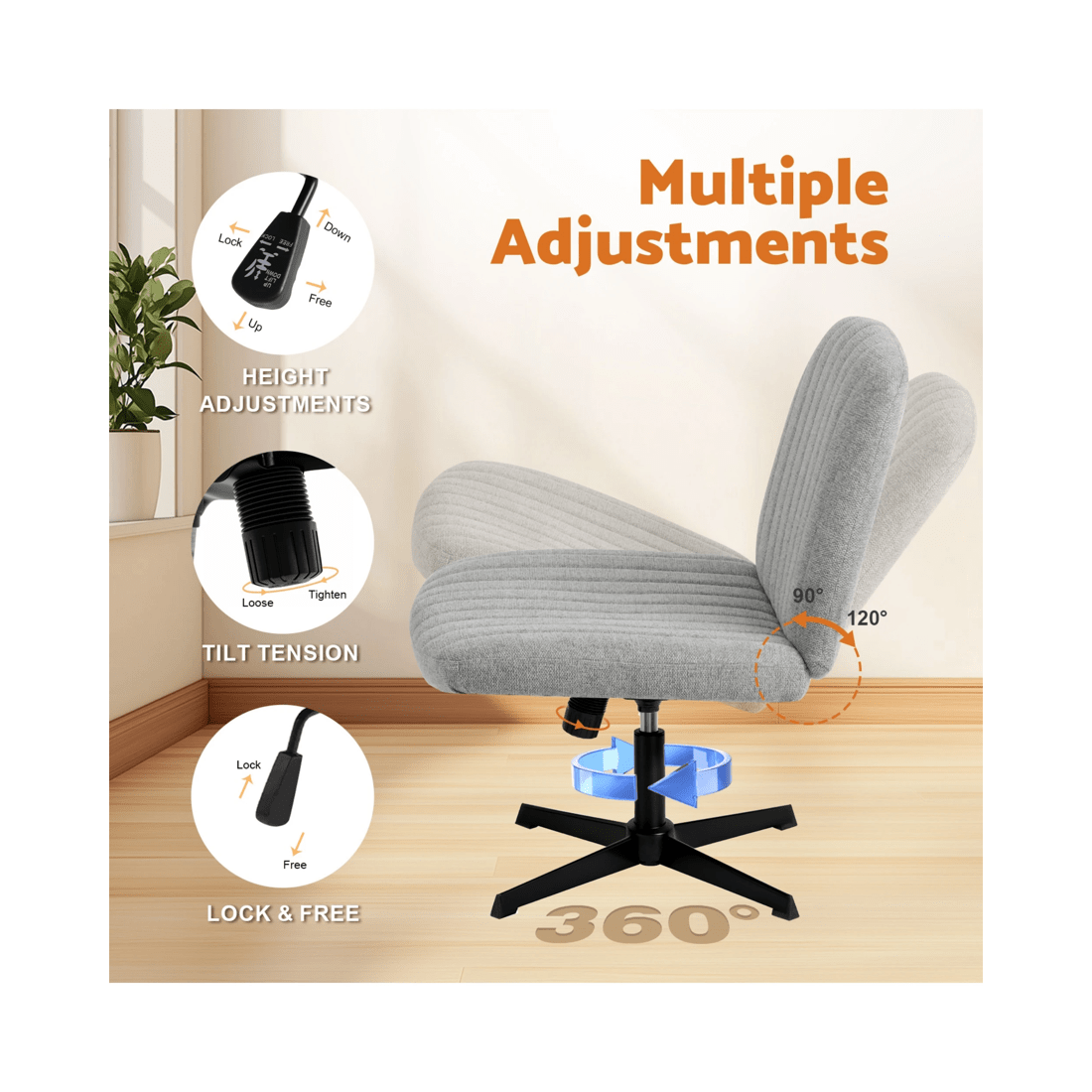 5 Advwin Armless Office Chair Swivel Vanity Chair No Wheel Grey, 5 of 9