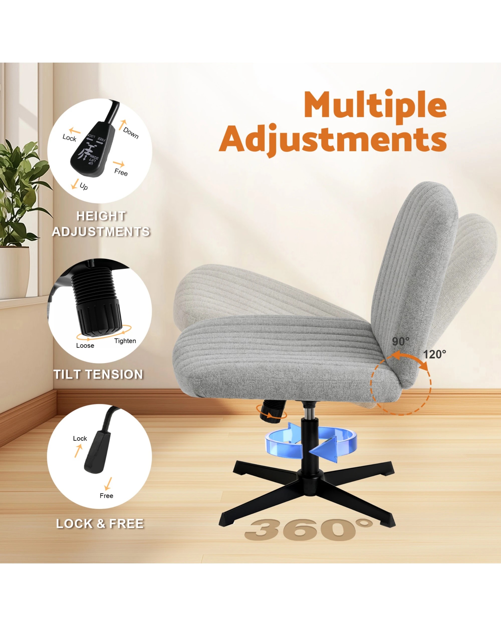 5 Advwin Armless Office Chair Swivel Vanity Chair No Wheel Grey, 5 of 9