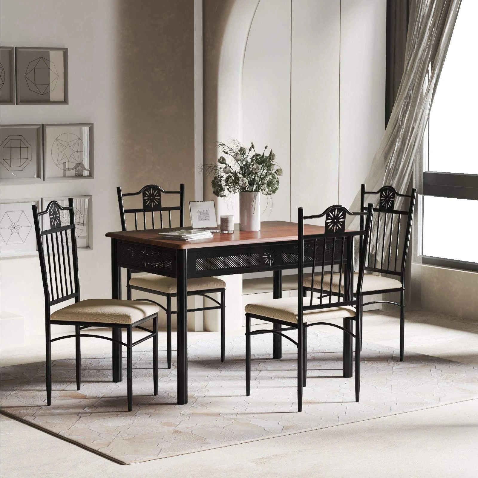 3 Costway 5PCS Dining Table Set w/4 Upholstered Chairs Kitchen Bistro Furniture Brown, 3 of 3