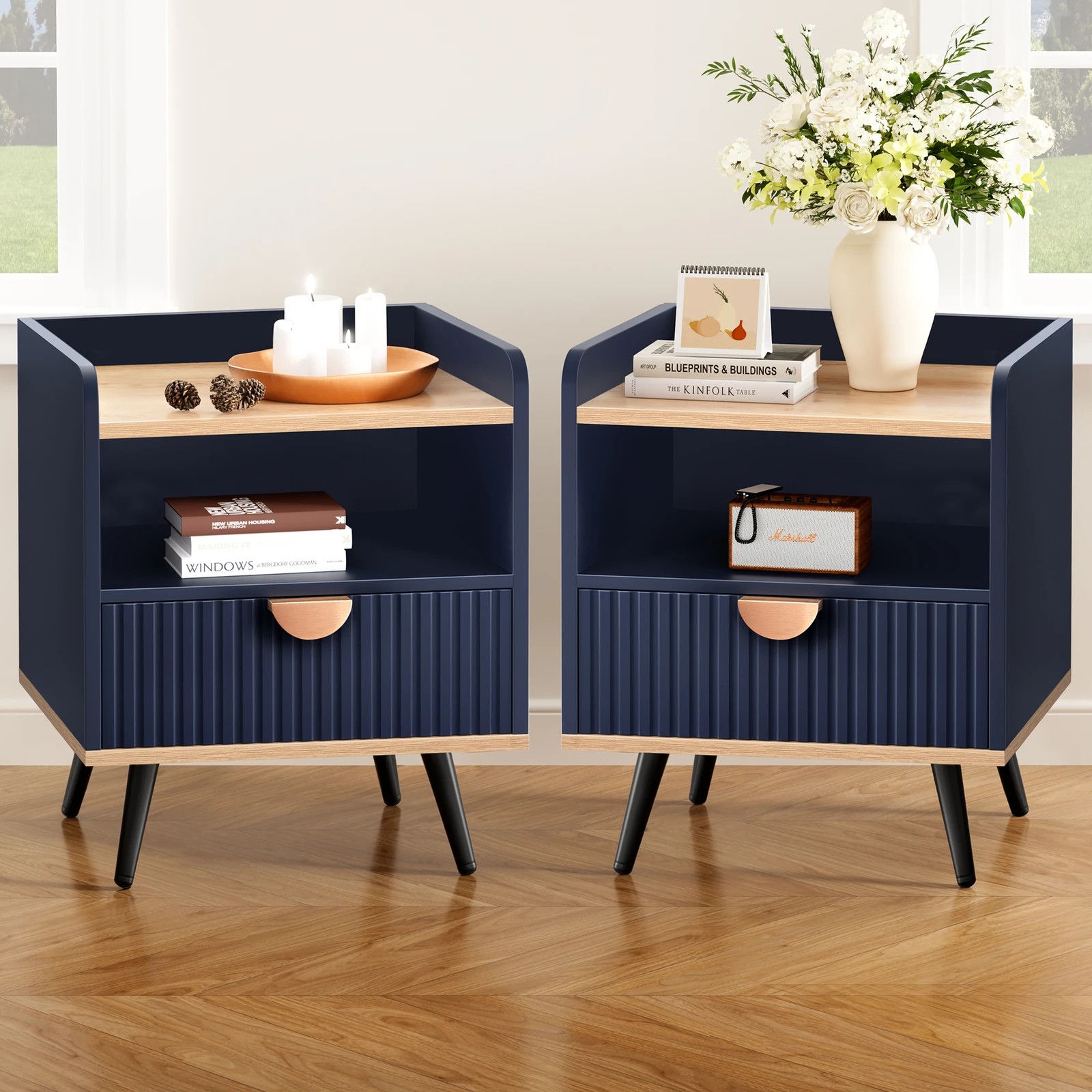 2 Alfordson 2x Bedside Table 1 Drawer Nightstand Side Storage Shelf - Blue, 2 of 10