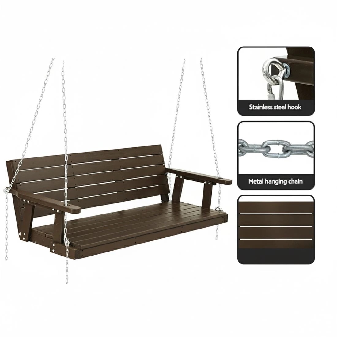 4 Gardeon Porch Swing Chair With Chain Outdoor Furniture Wooden Bench 3 Seat - Brown, 4 of 5