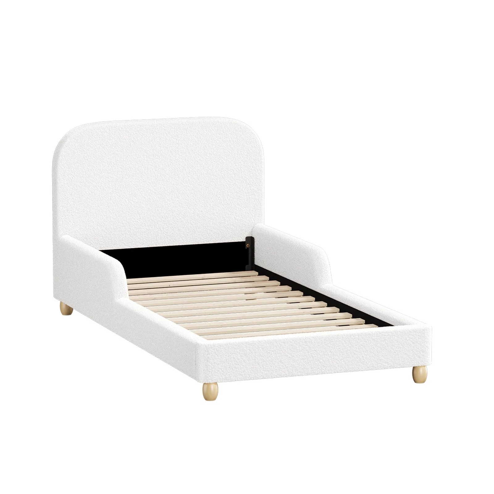 1 Oikiture Kids Bed Frame Single Size with Side Guard Rails Boucle - White, 1 of 10
