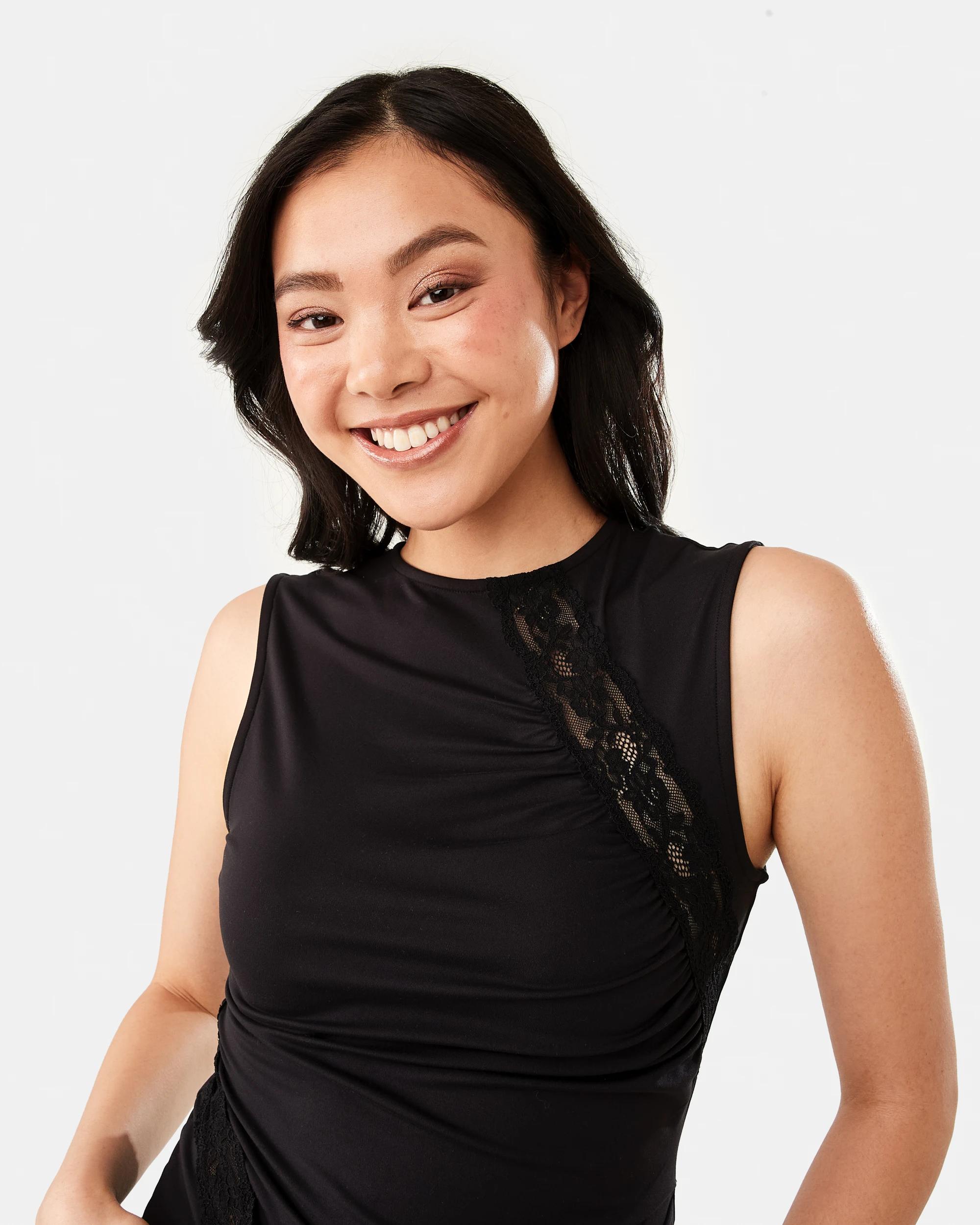 4 Sleeveless Lace Trim Drape Tank Black, 4 of 6