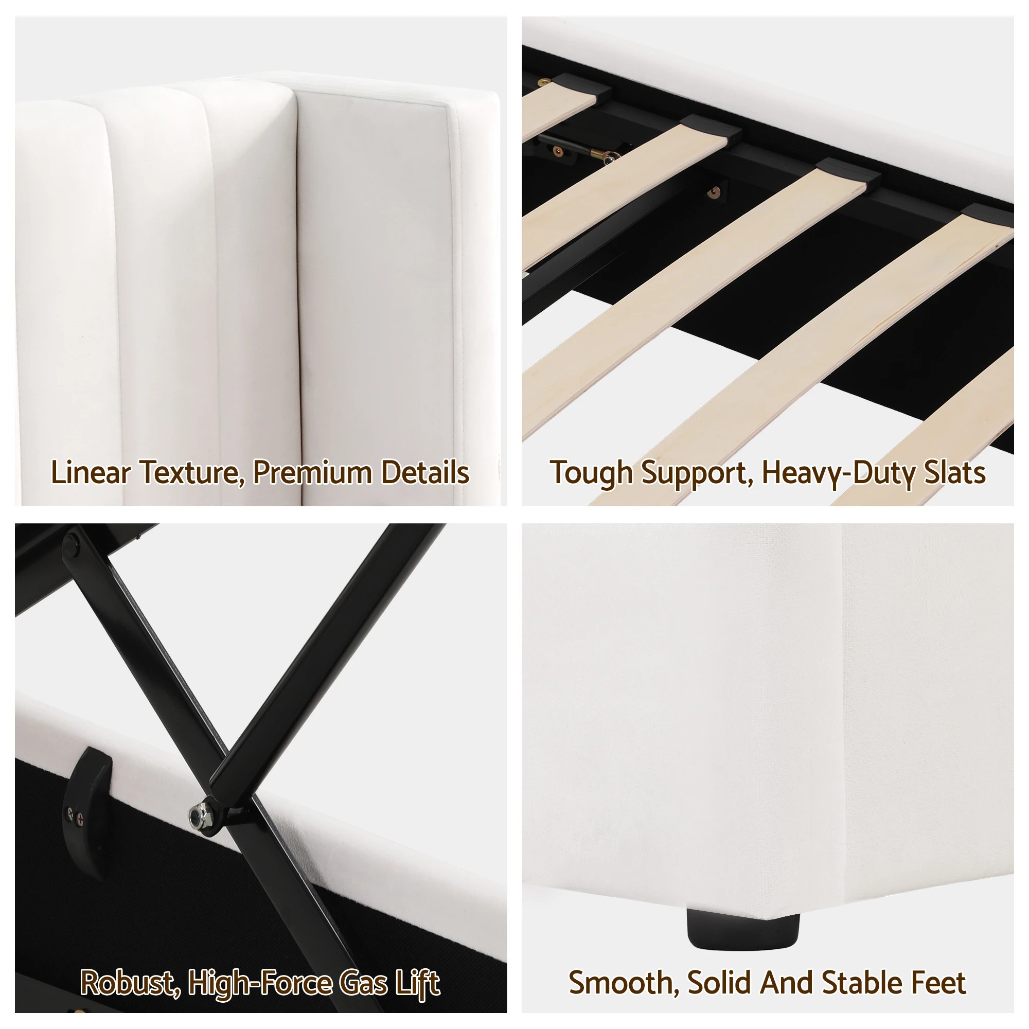 9 Artiss Double Bed Frame with Gaslift Storage USB Type-C Charging Ports Velvet Upholstery - White, 9 of 9