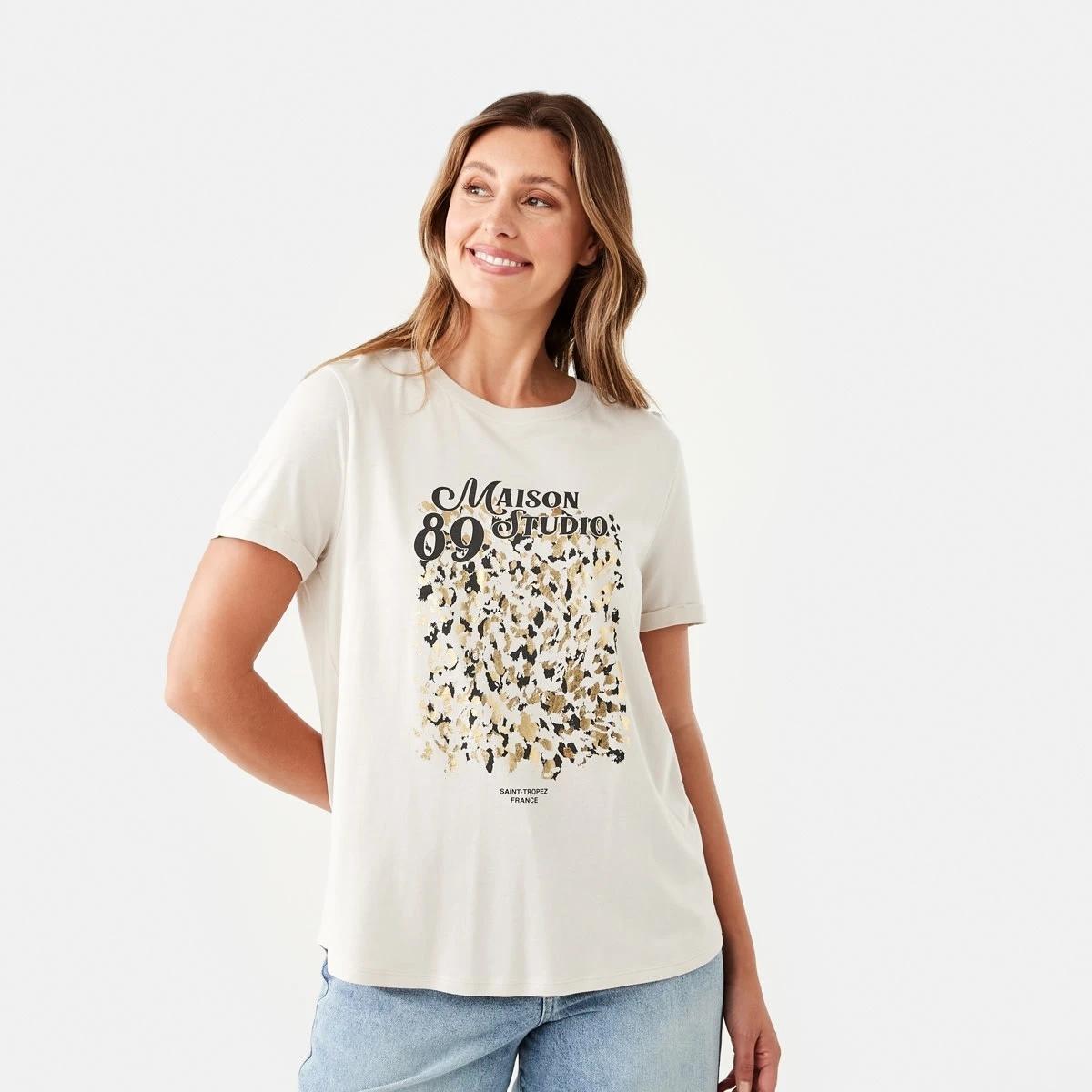 1 Short Sleeve Detailed Printed T-shirt MAISON NAT BEIGE, 1 of 6