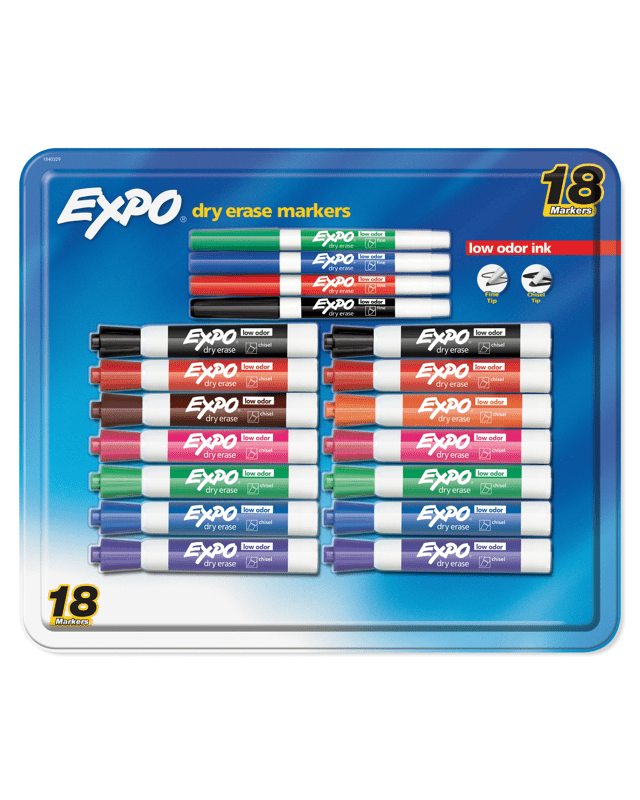 18 Pack Expo Low Odour Fine and Chisel Tip Dry Erase Mar