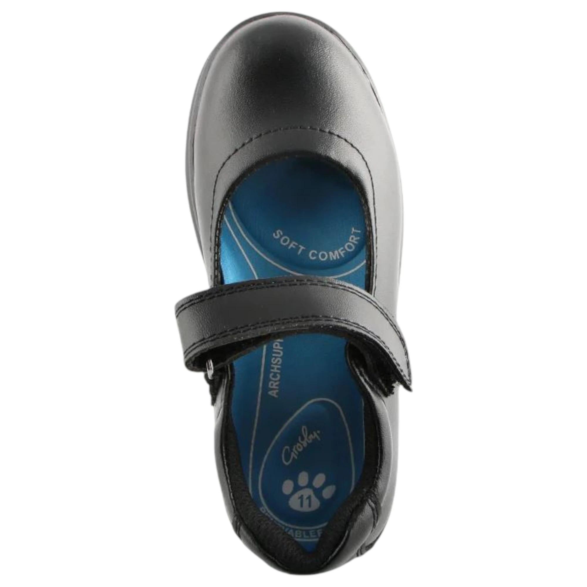 3 Grosby Ella Jnr 2 Black Girls Kids Leather Slip On Shoes BLACK, 3 of 4