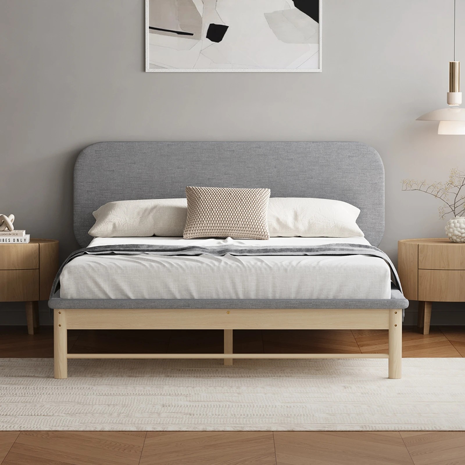 3 Oikiture Wooden Bed Frame With Padded Fabric Edges Pine Headboard Base Double
 - Grey, 3 of 10