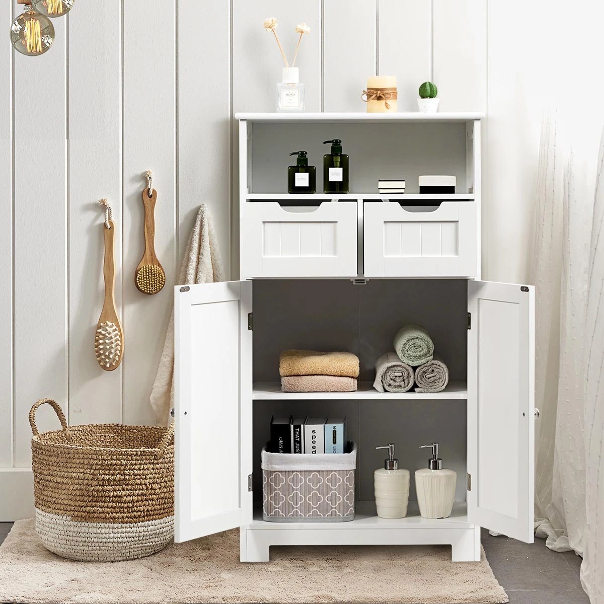3 Costway Bathroom Floor Cabinet Toilet Storage Cupboard Wooden Laundry Organizer, 3 of 4