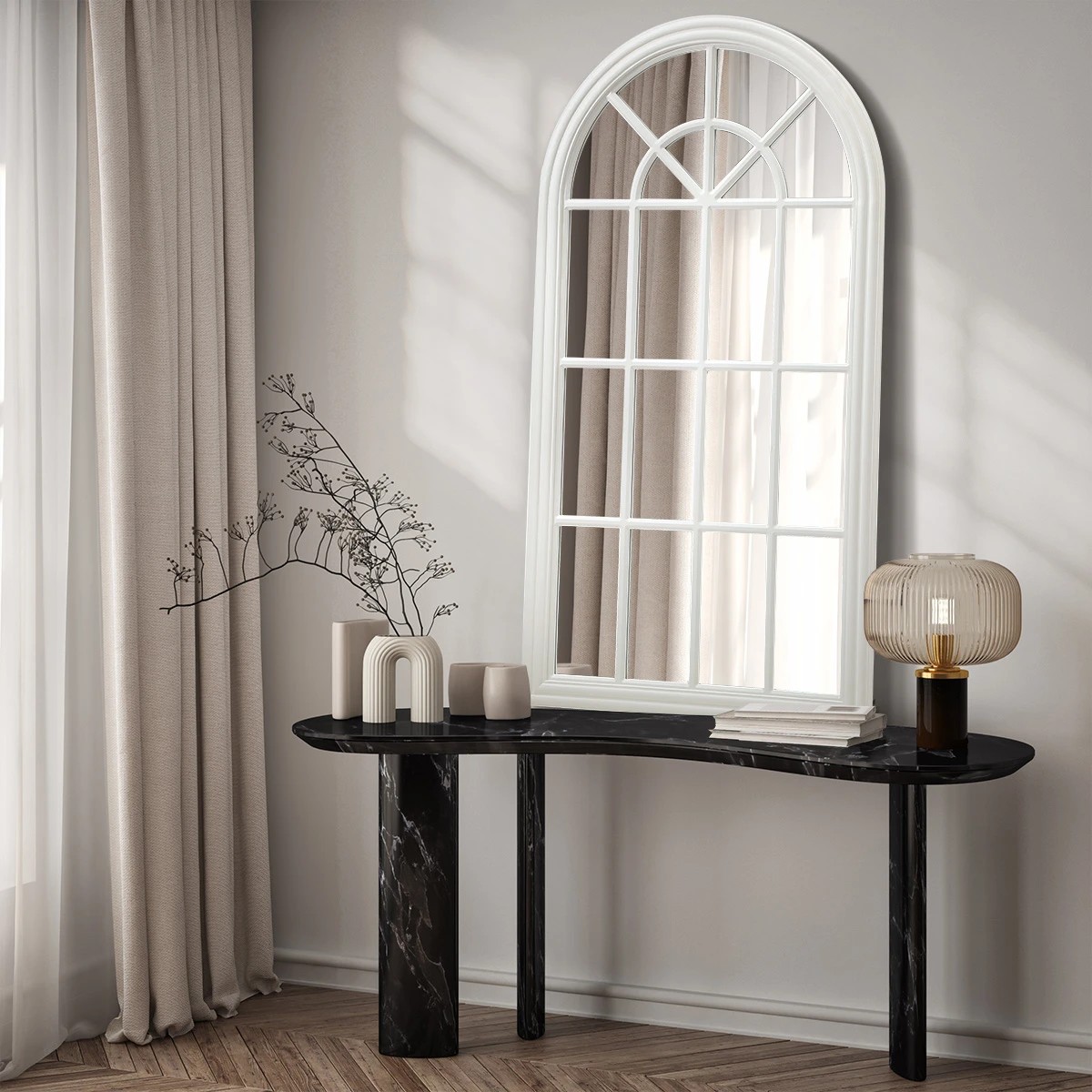 3 Oikiture Wooden Window Mirror Arched Wall Mirrors Decor 130x70cm
 - White, 3 of 9