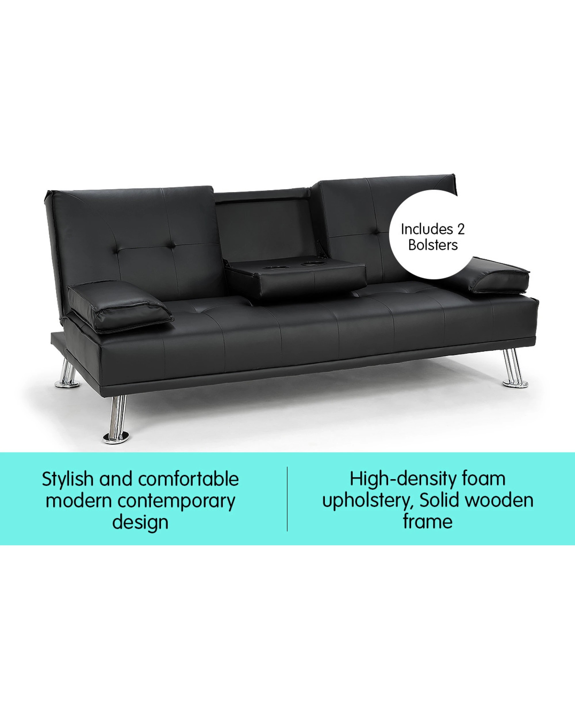3 Sarantino Faux Leather Sofa Bed Lounge Furniture - Black, 3 of 7