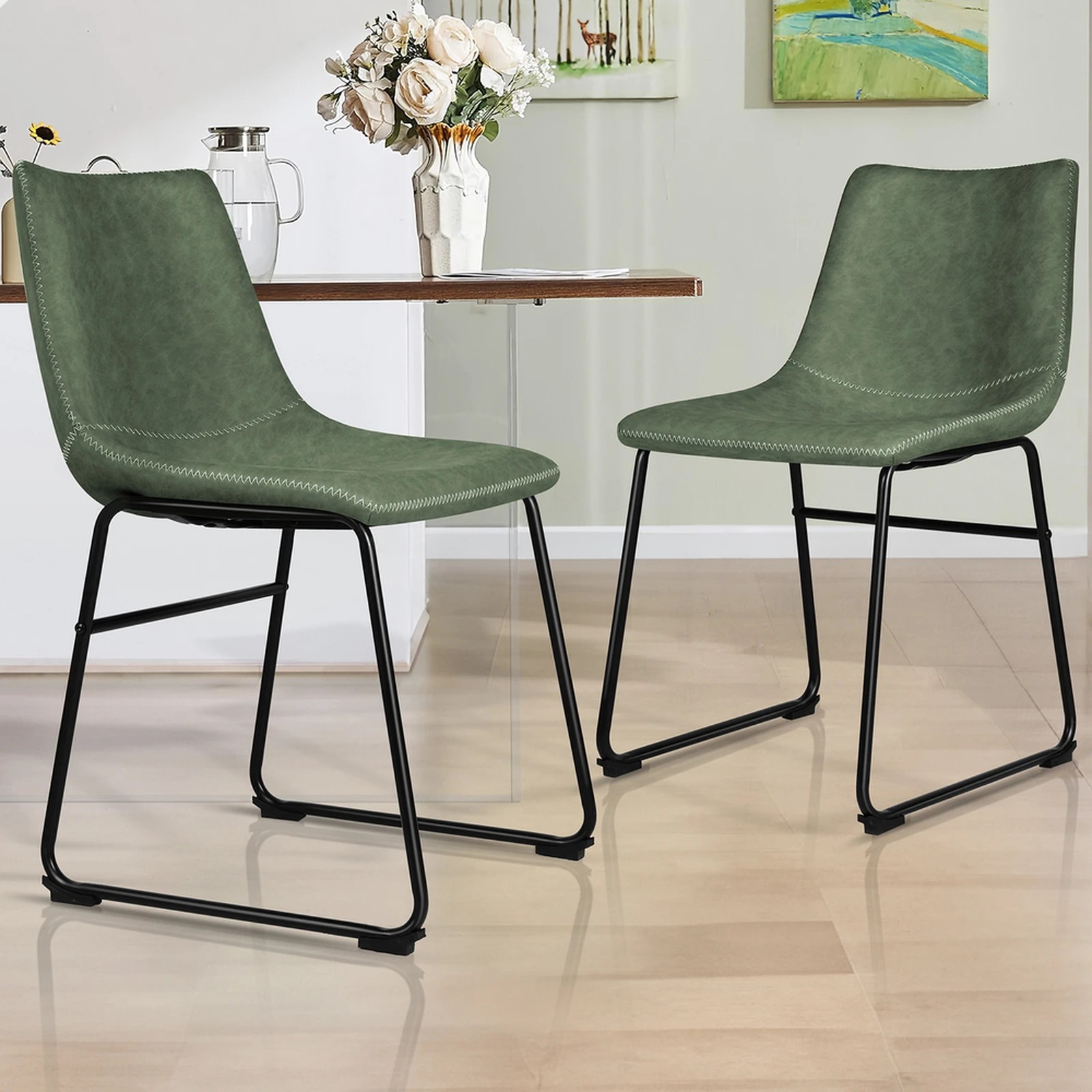 10 Alfordson 2x Dining Chairs Kitchen Lounge Cafe Seat Retro PU Leather - Green, 10 of 10