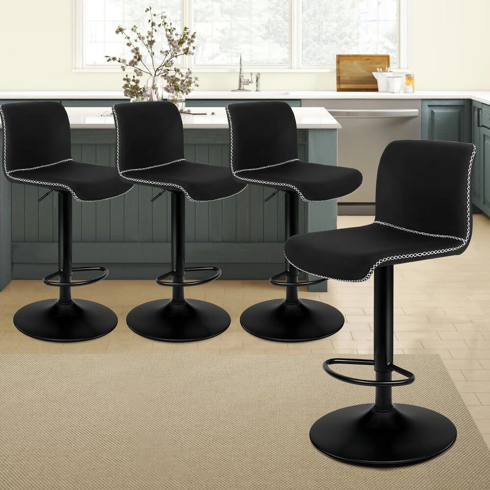 9 Alfordson 4x Bar Stools Remy Kitchen Gas Lift Swivel Vintage Chair Fabric - Black, 9 of 10