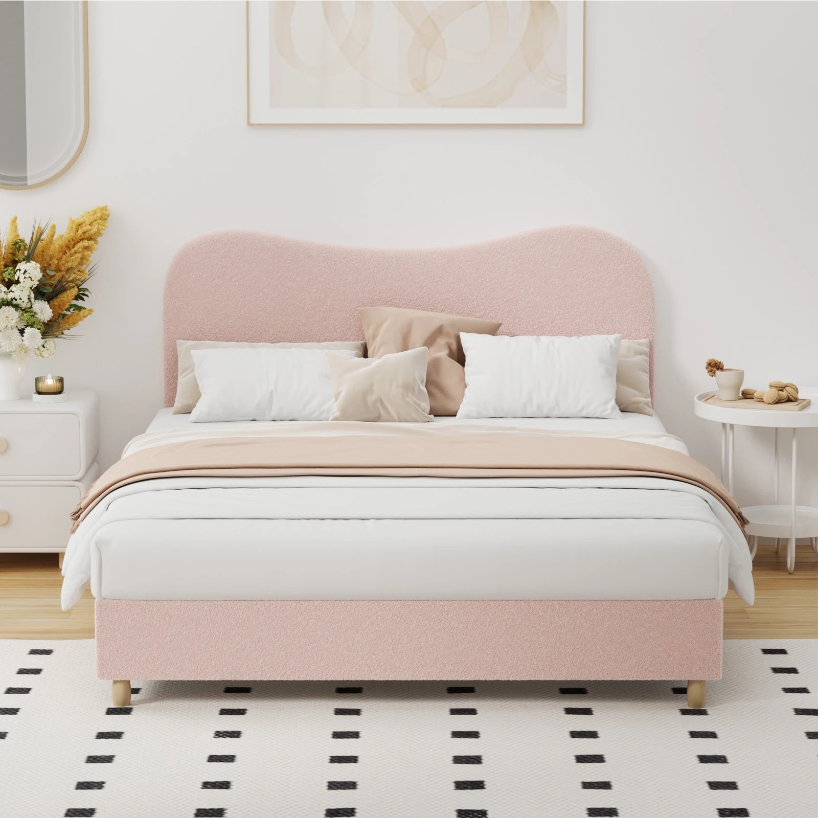 3 Oikiture Bed Frame Double Size Boucle Cloud Shape Headboard - Pink, 3 of 9